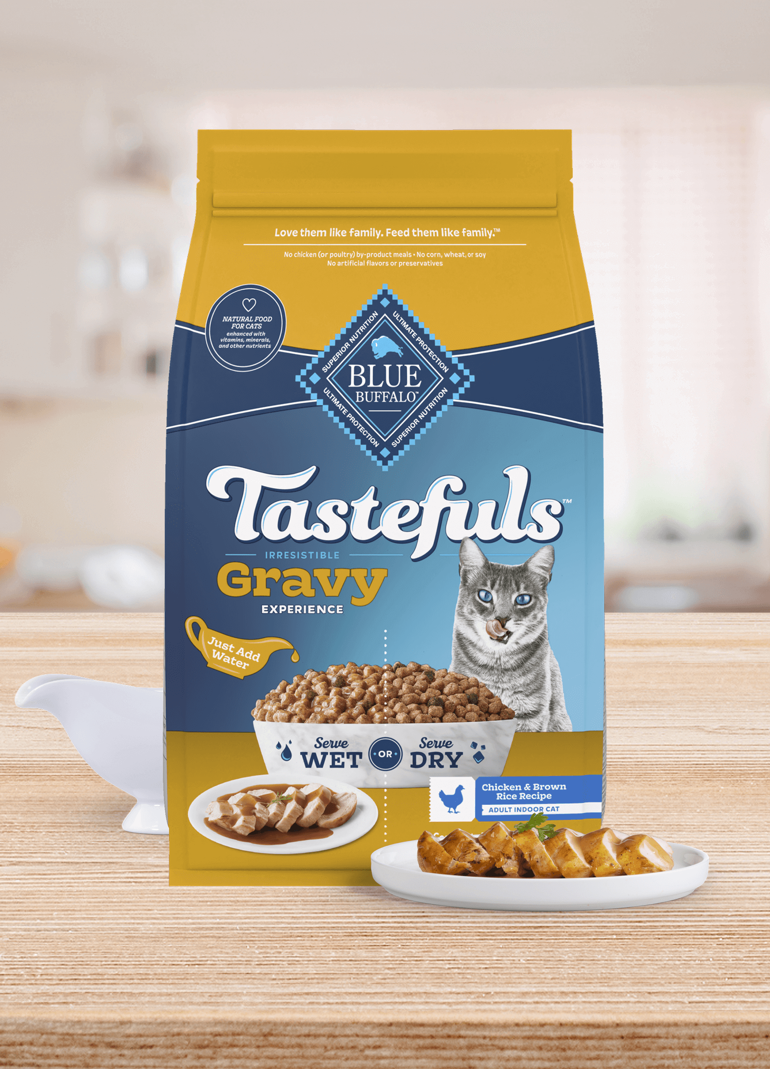 Blue Buffalo Tastefuls cat food with gravy, chicken and brown rice recipe