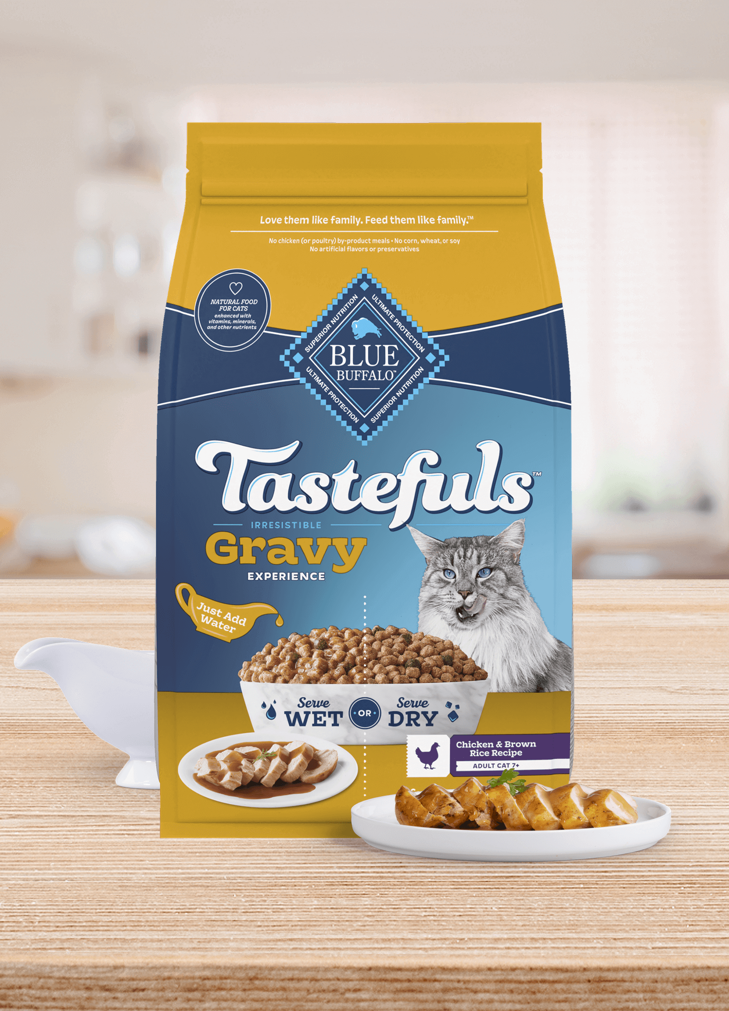 Blue Buffalo cat food bag with Tastefuls Gravy Experience label