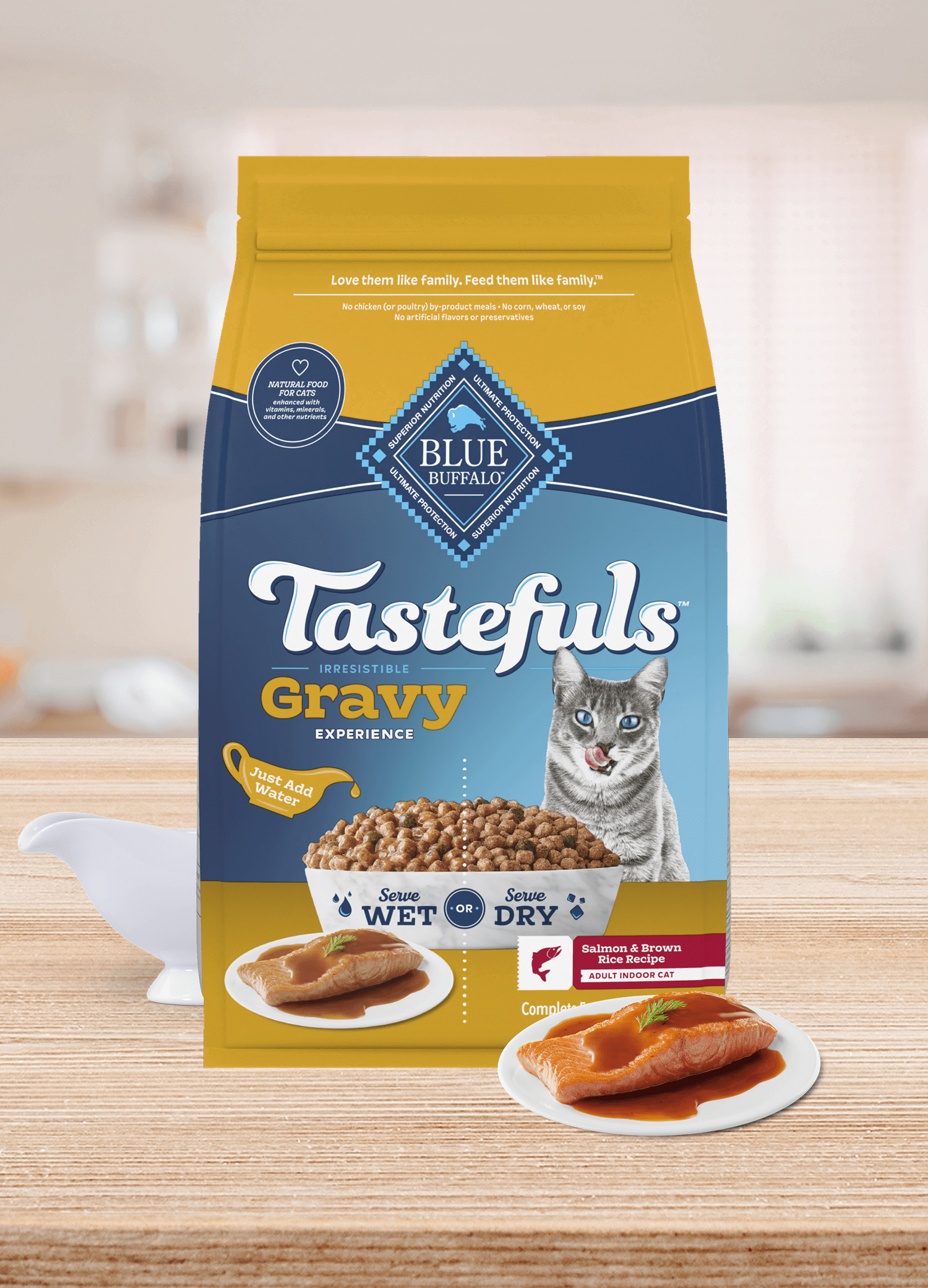 Blue Buffalo Tastefuls cat food bag with gravy, salmon and rice recipe