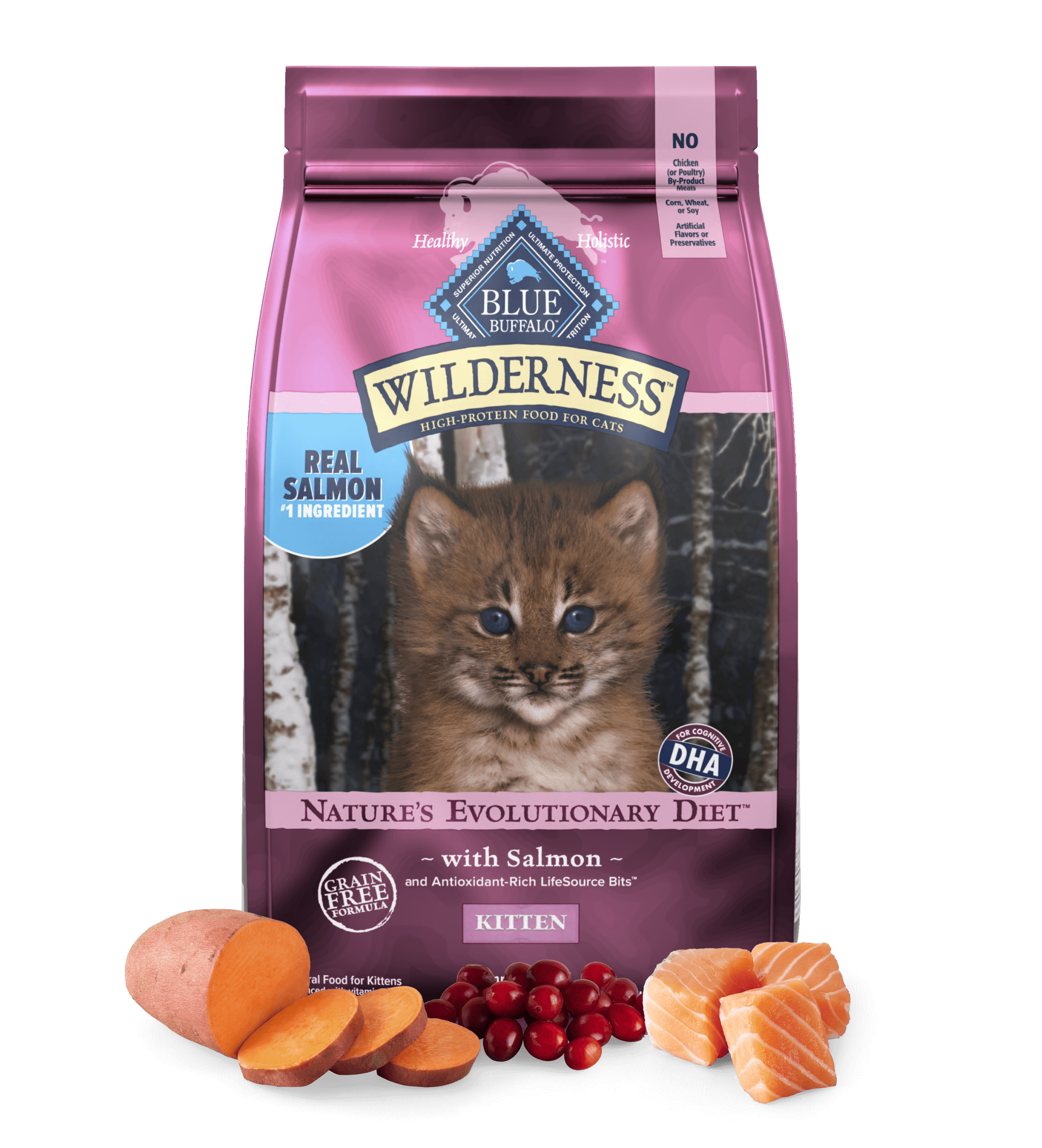 A metallic pink bag of BLUE Wilderness Salmon Recipe for Kittens featuring an orange kitten with blue eyes surrounded by sweet potatoes, cranberries, and pieces of salmon. 