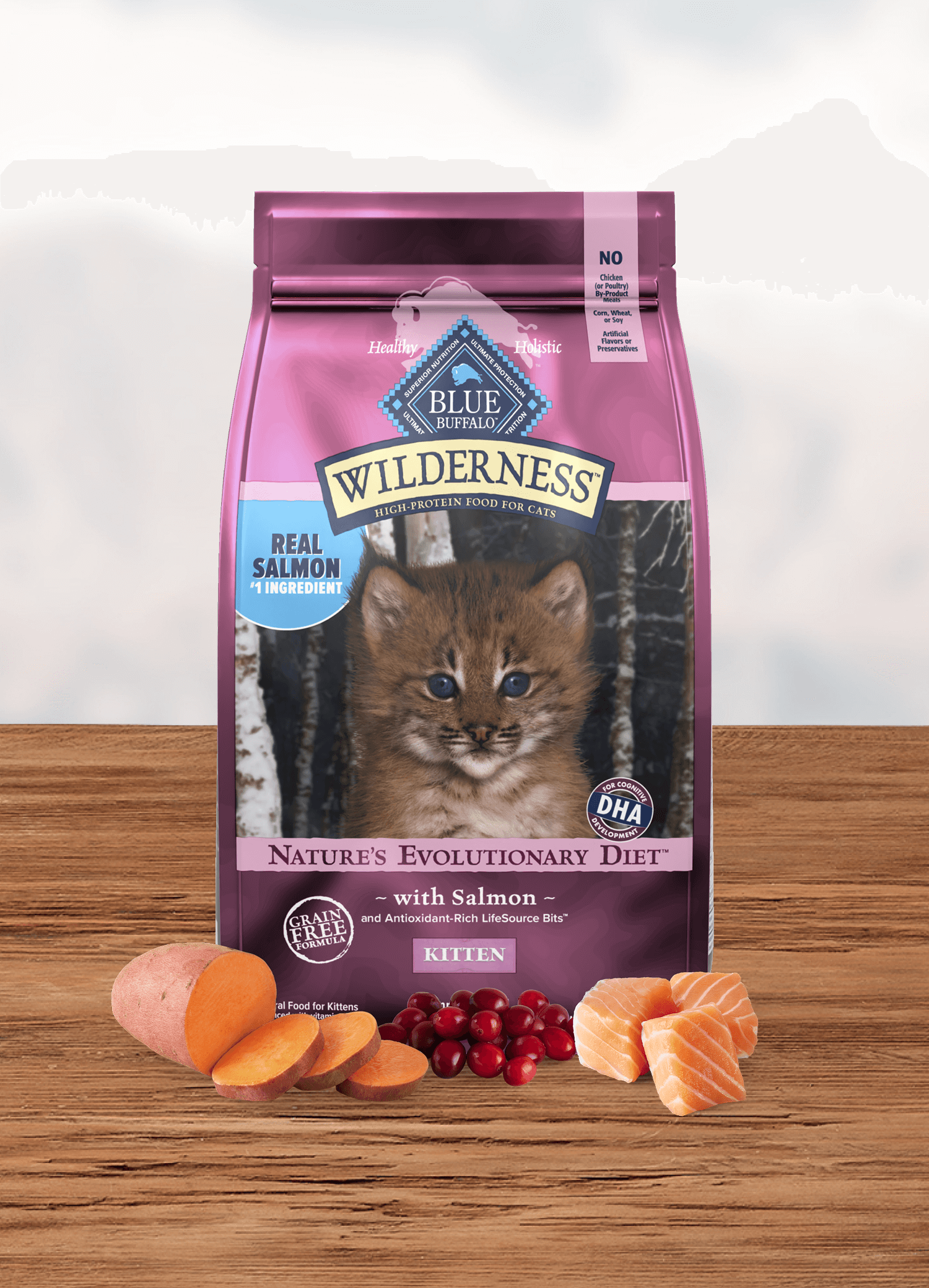A metallic pink bag of BLUE Wilderness Salmon Recipe for Kittens featuring an orange kitten with blue eyes surrounded by sweet potatoes, cranberries, and pieces of salmon. 