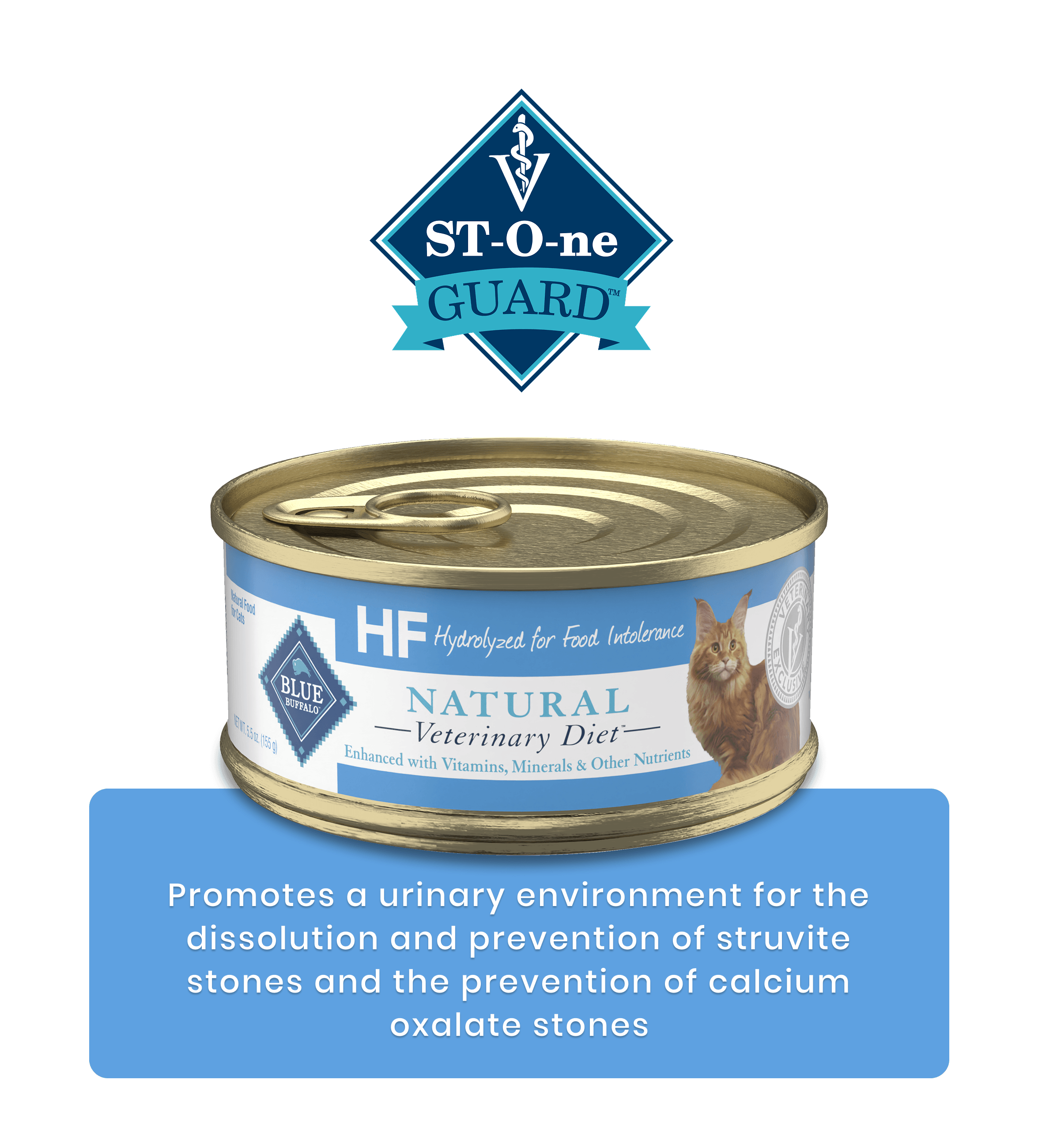A can of Natural Veterinary Diet cat food with text about urinary stone prevention on the label.