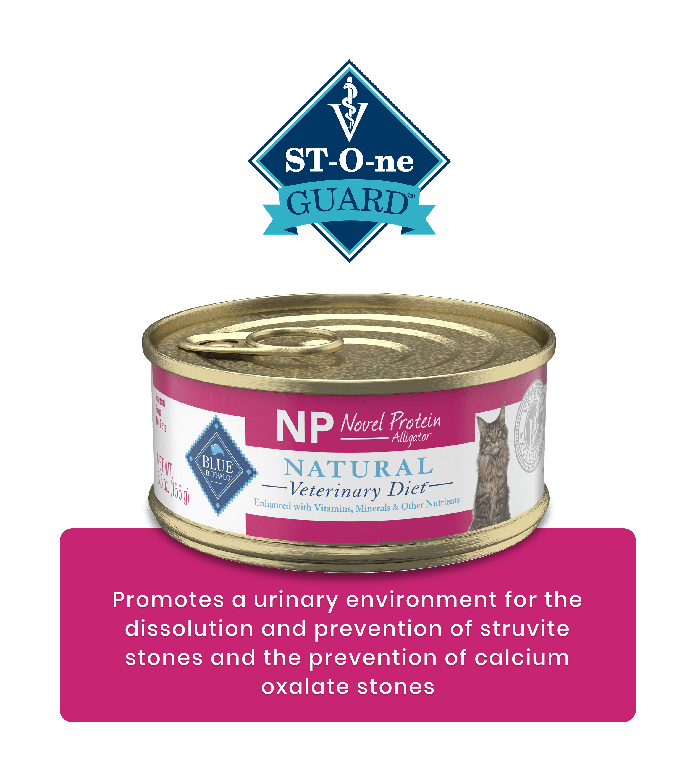 Can of Natural Veterinary Diet cat food for urinary health with ST-One Guard logo above.
