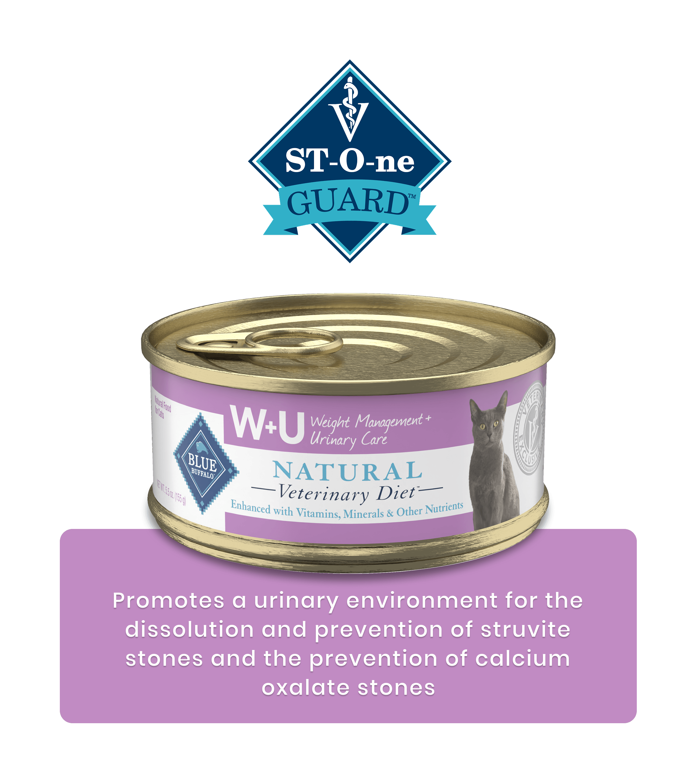 A can of WU cat food for urinary care and weight management, highlighting key product benefits.