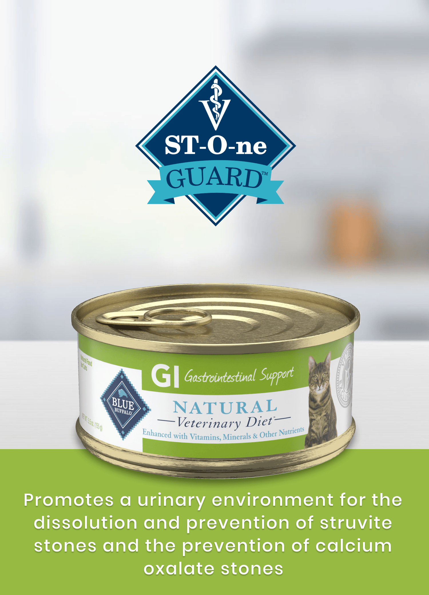 A can of Natural Veterinary Diet cat food for gastrointestinal support with ST-One Guard logo above.