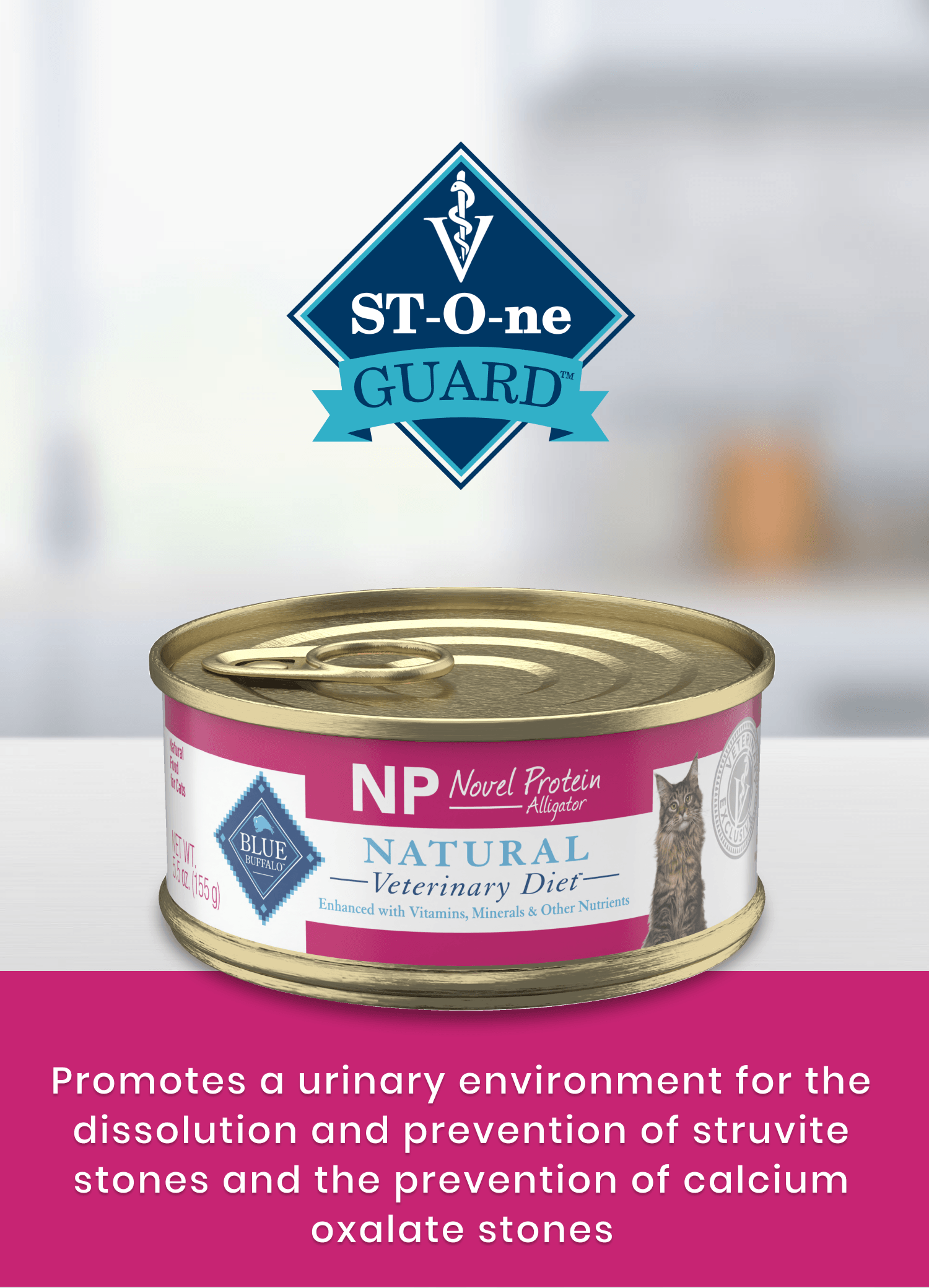 A can of NP cat food with text promoting urinary health and prevention of bladder stones for cats.