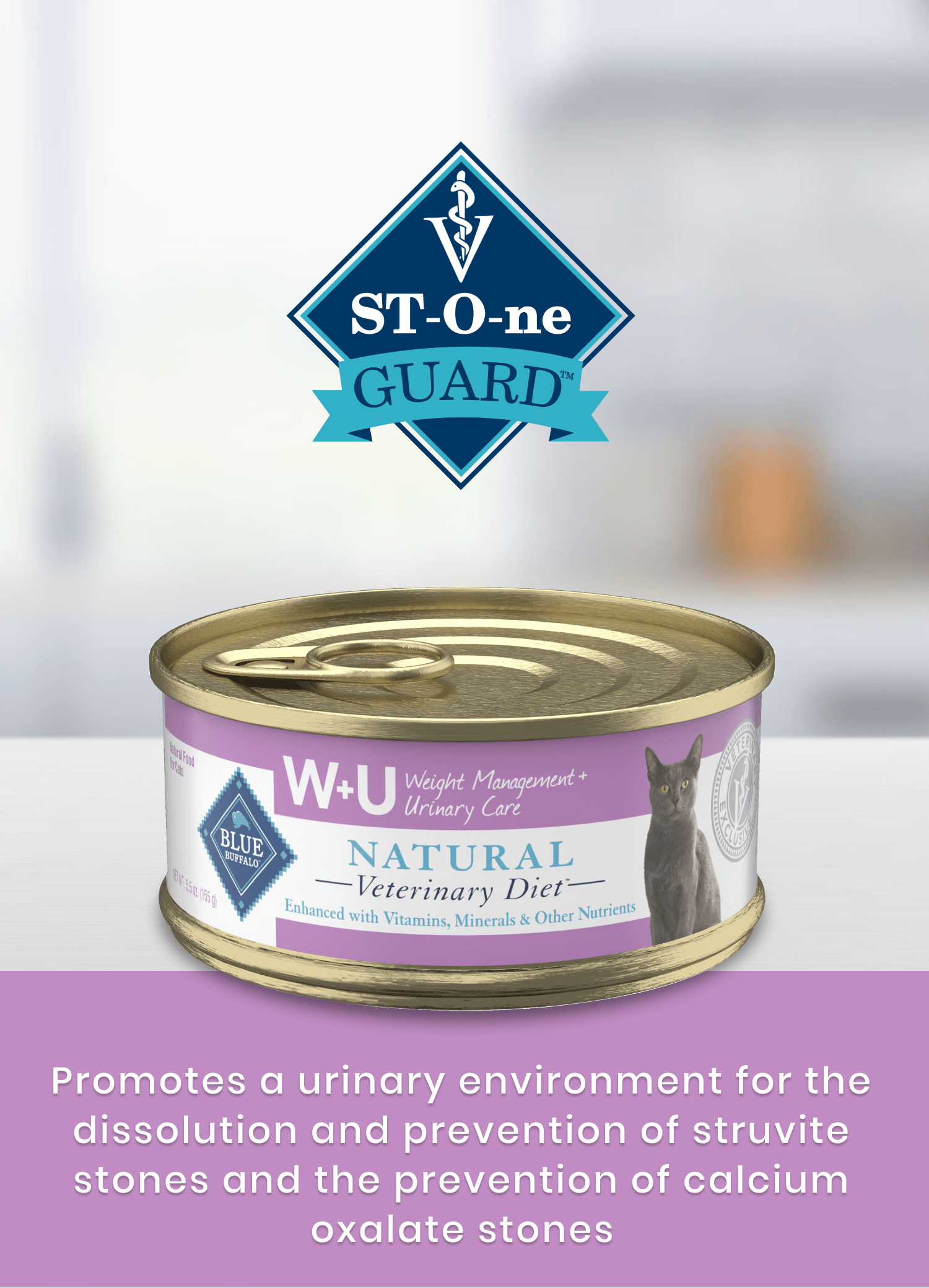 W+U cat food for urinary care, with ST-One Guard logo and product benefits shown.