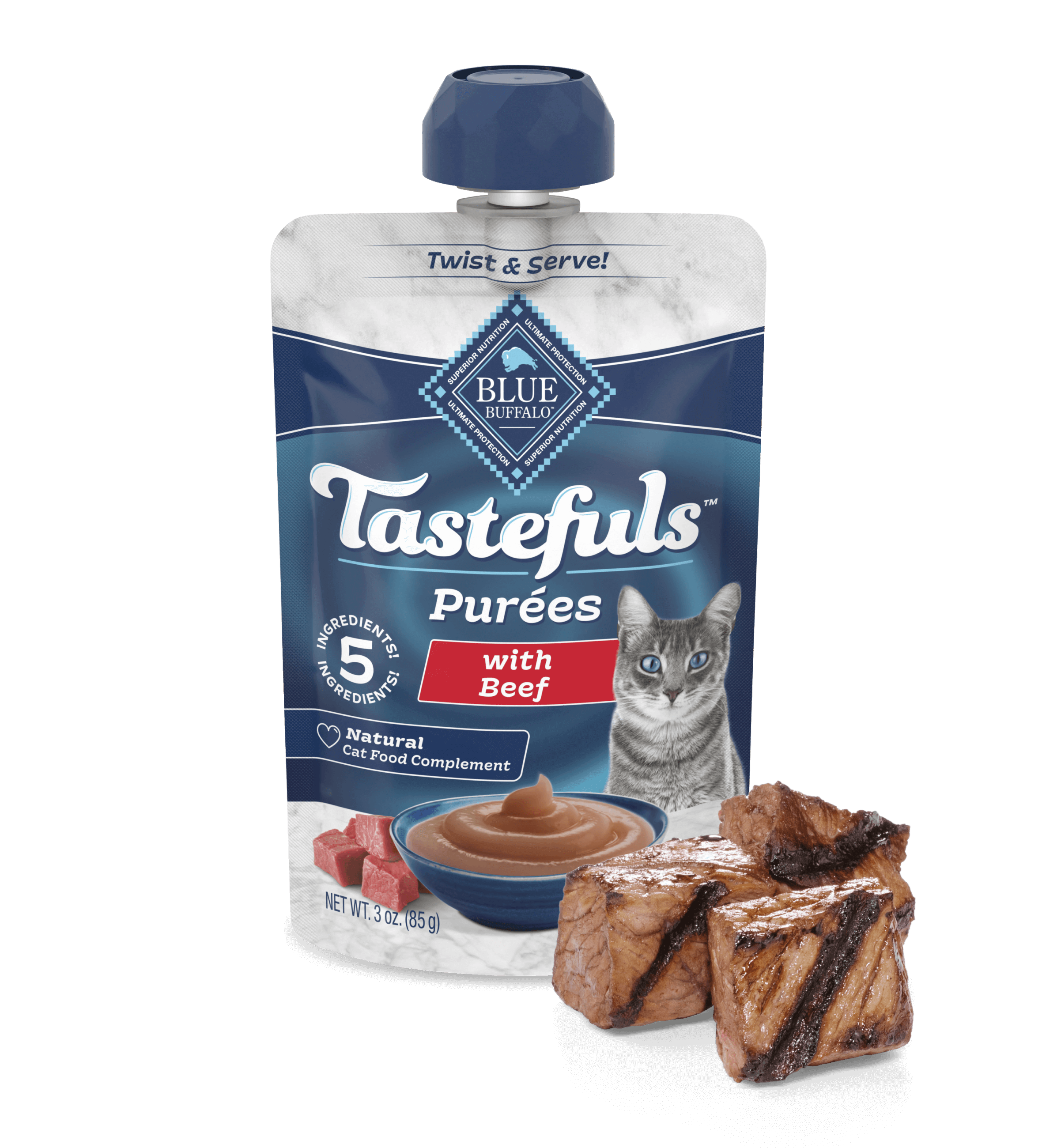 A pouch of BLUE Tastefuls Purées Beef and a few cuts of grilled steak.