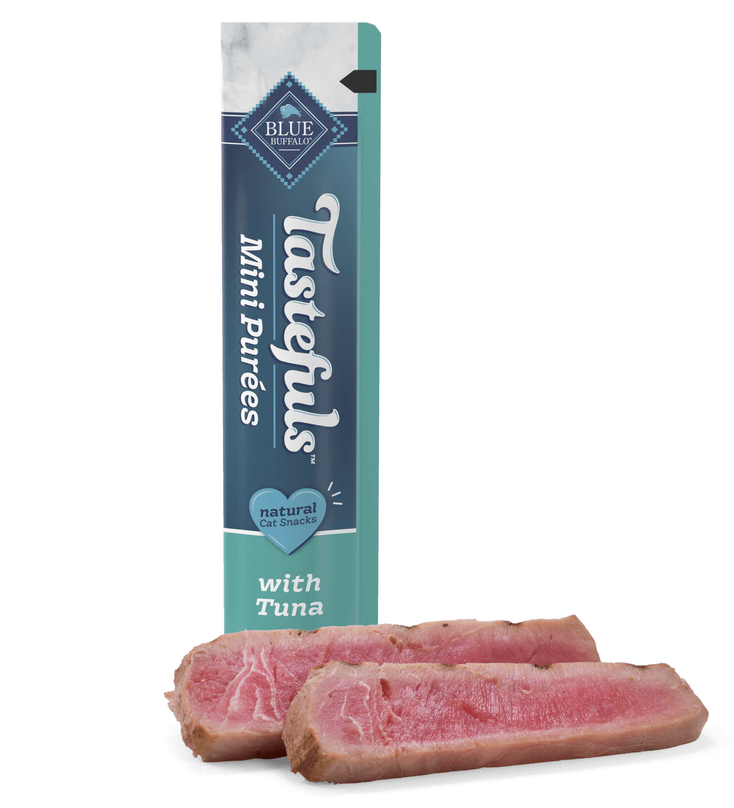 A tube of BLUE Tastefuls Mini Purees and slices of raw tuna are on a kitchen counter