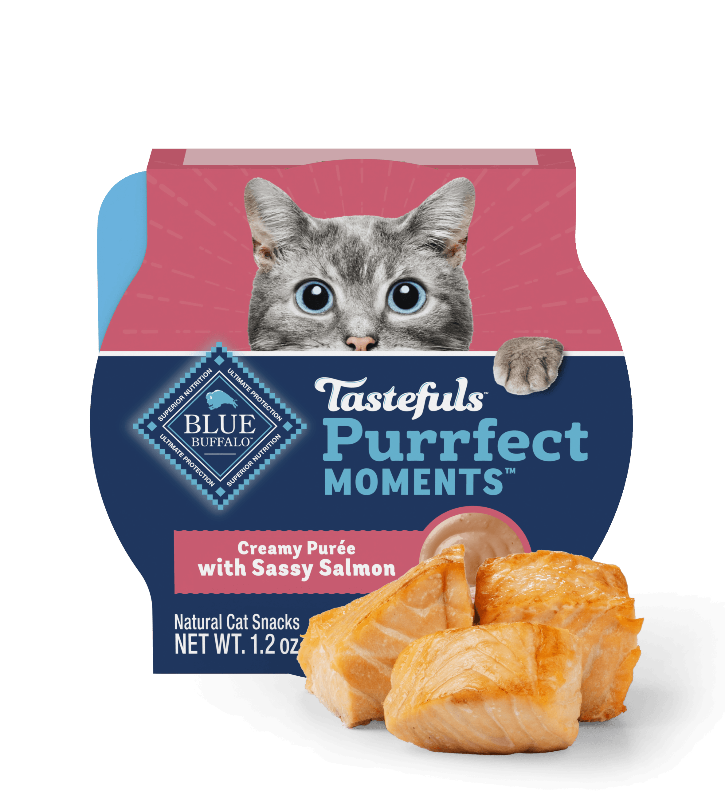 Container of BLUE Tastefuls Purrfect Moments cat food topper featuring a wide-eyed, grey cat.