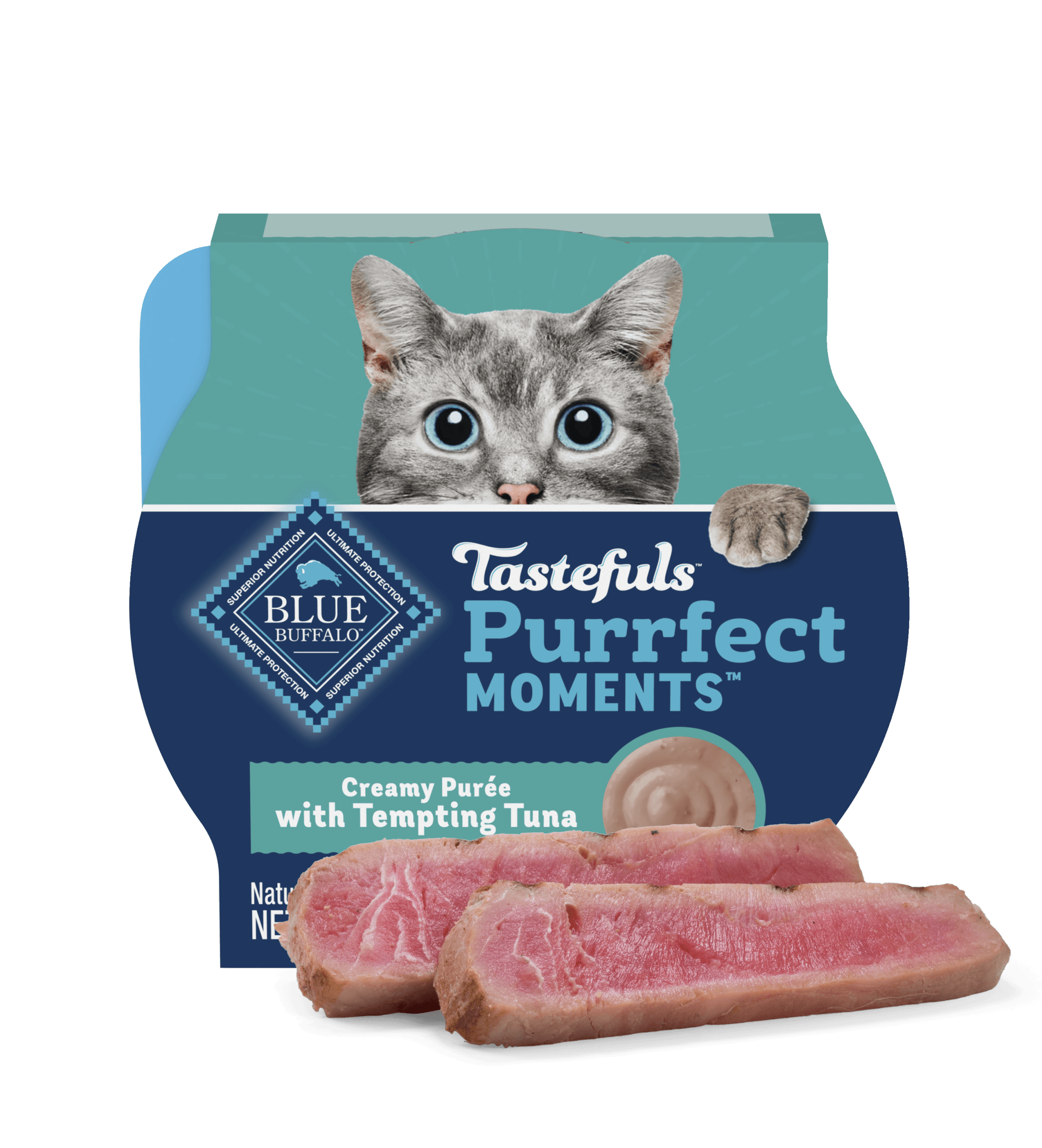 Container of BLUE Tastefuls Purrfect Moments cat food topper featuring a wide-eyed, grey cat.