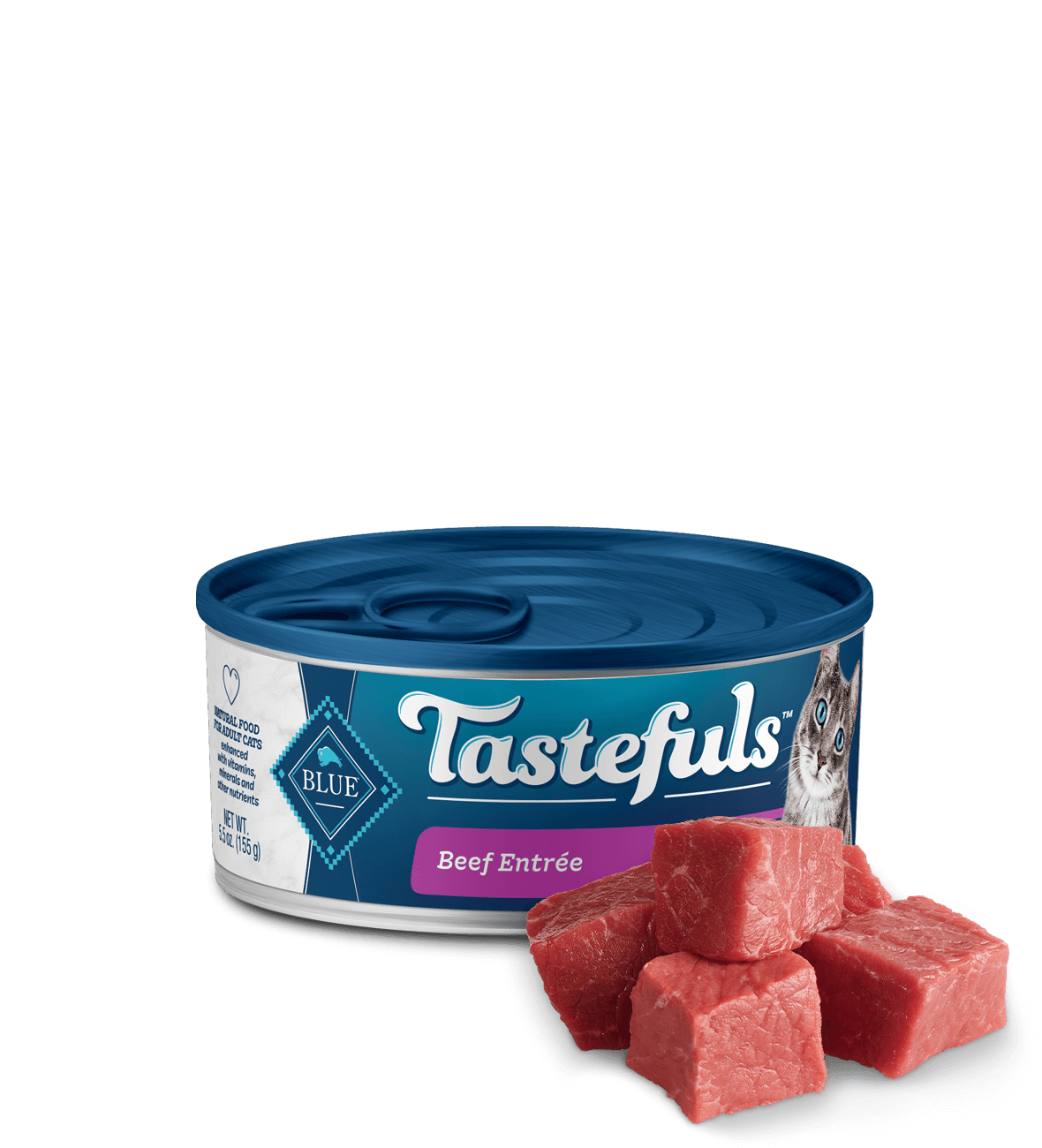 can of Tastefuls Beef Pate Adult wet cat food with ingredient
