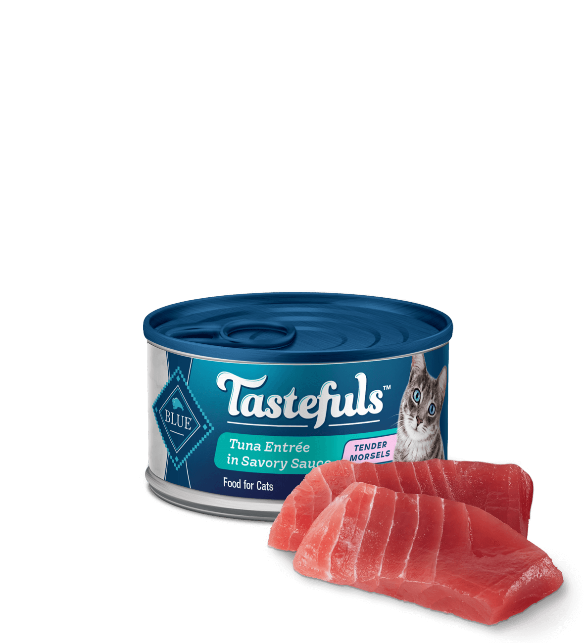 A can of Tastefuls tuna entrée cat food with slices of raw tuna placed in front.
