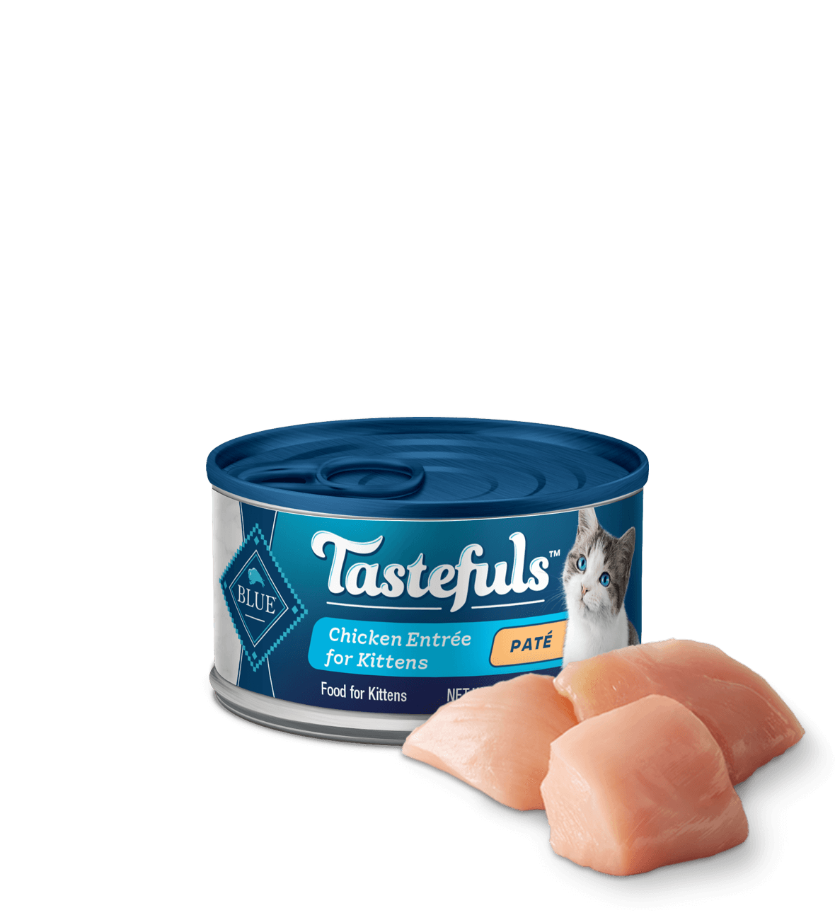 can of Tastefuls Chicken Pate Kitten wet cat food with ingredient