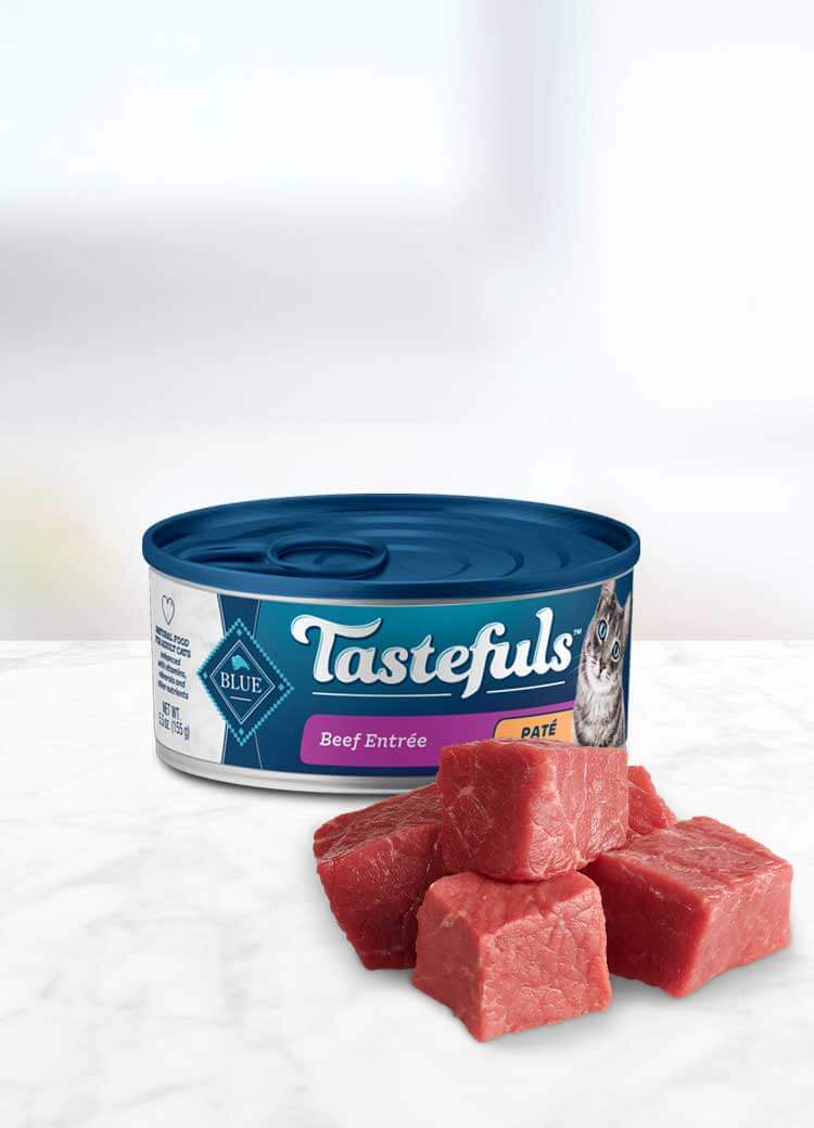 can of Tastefuls Beef Pate Adult wet cat food with ingredient