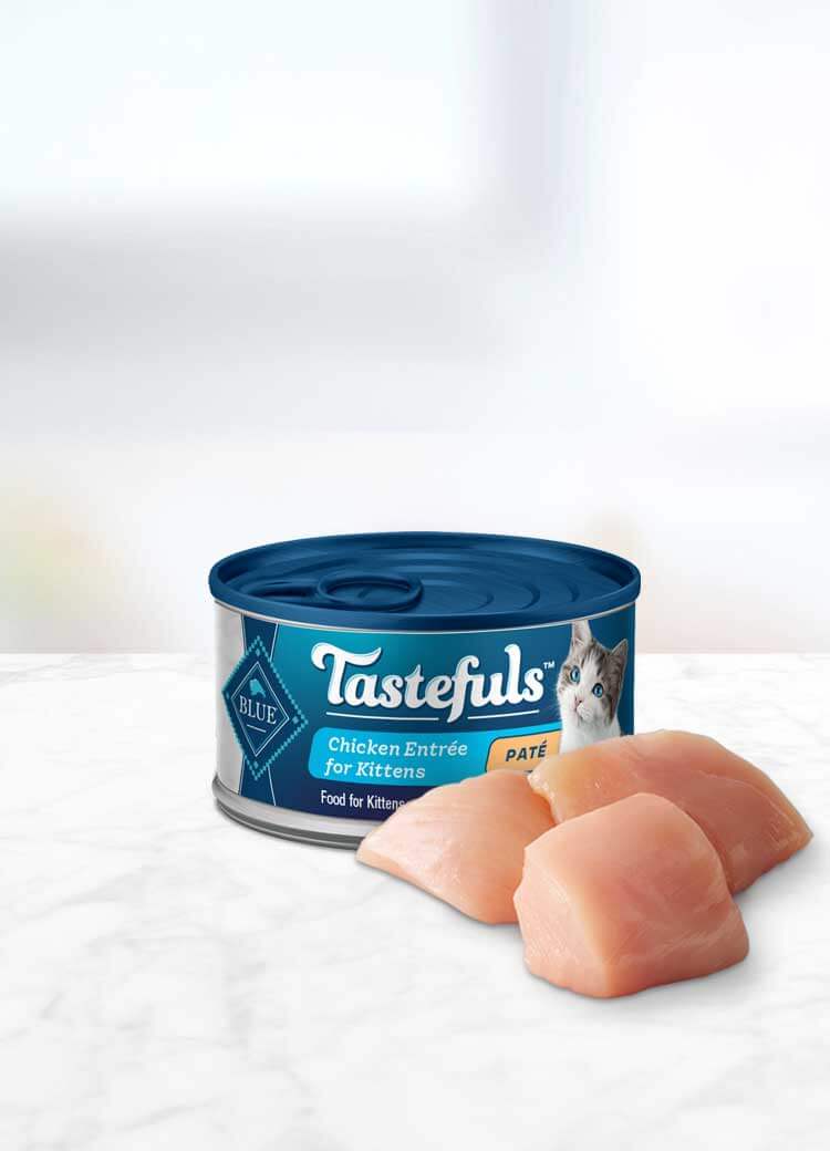 can of Tastefuls Chicken Pate Kitten wet cat food with ingredient