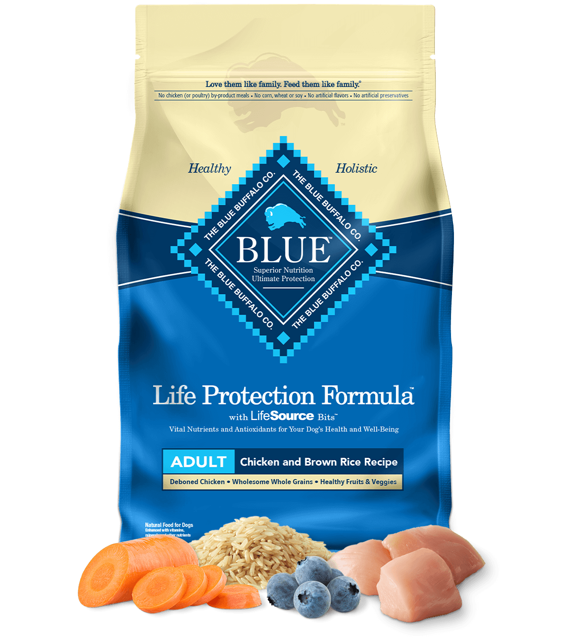Blue Buffalo dog food bag, Life Protection Formula, Chicken and Brown Rice, with carrots, rice, and blueberries shown.