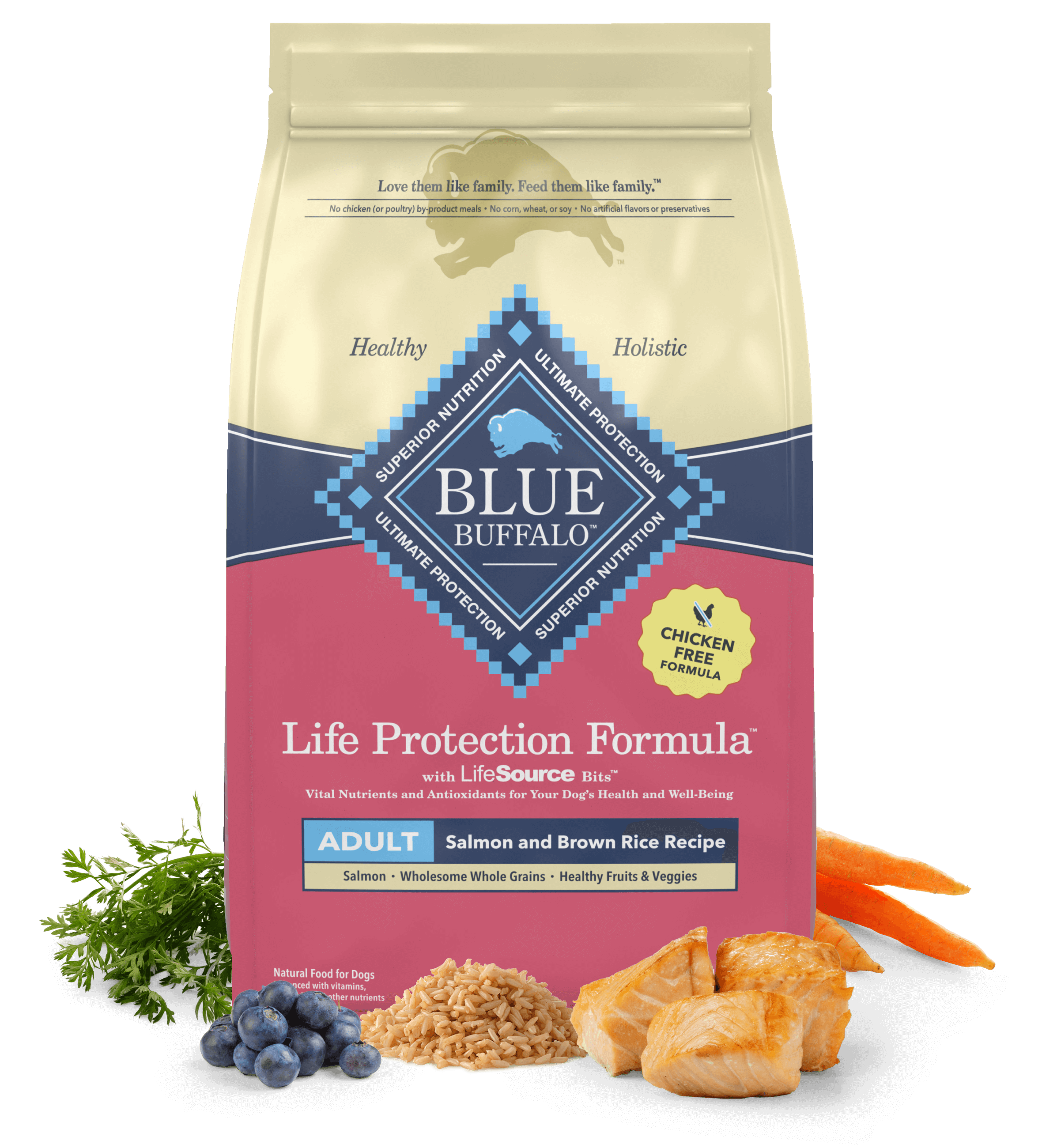 A bag of Life Protection Formula dry dog food is surrounded by fresh parsley, blueberries, grains, salmon fillets and carrots.