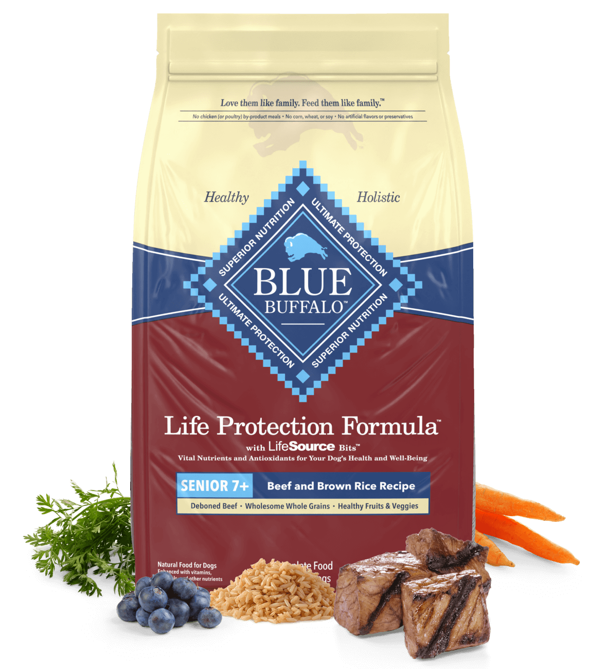 A bag of BLUE dog food shown with tender cuts of beef and real, fresh fruits and vegetables.