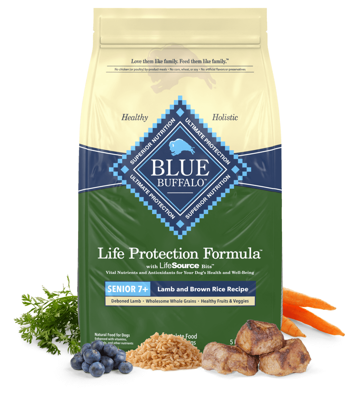 A bag of BLUE dog food shown with tender cuts of lamb and real, fresh fruits and vegetables.