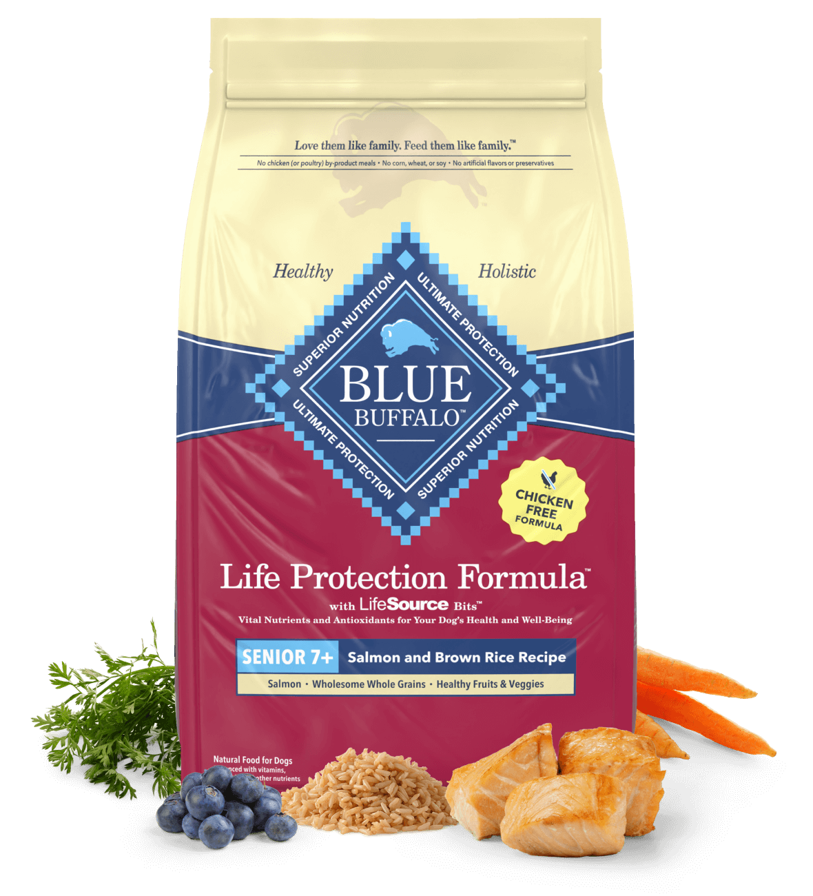 A bag of BLUE dog food shown with juicy salmon fillets and real, fresh fruits and vegetables.