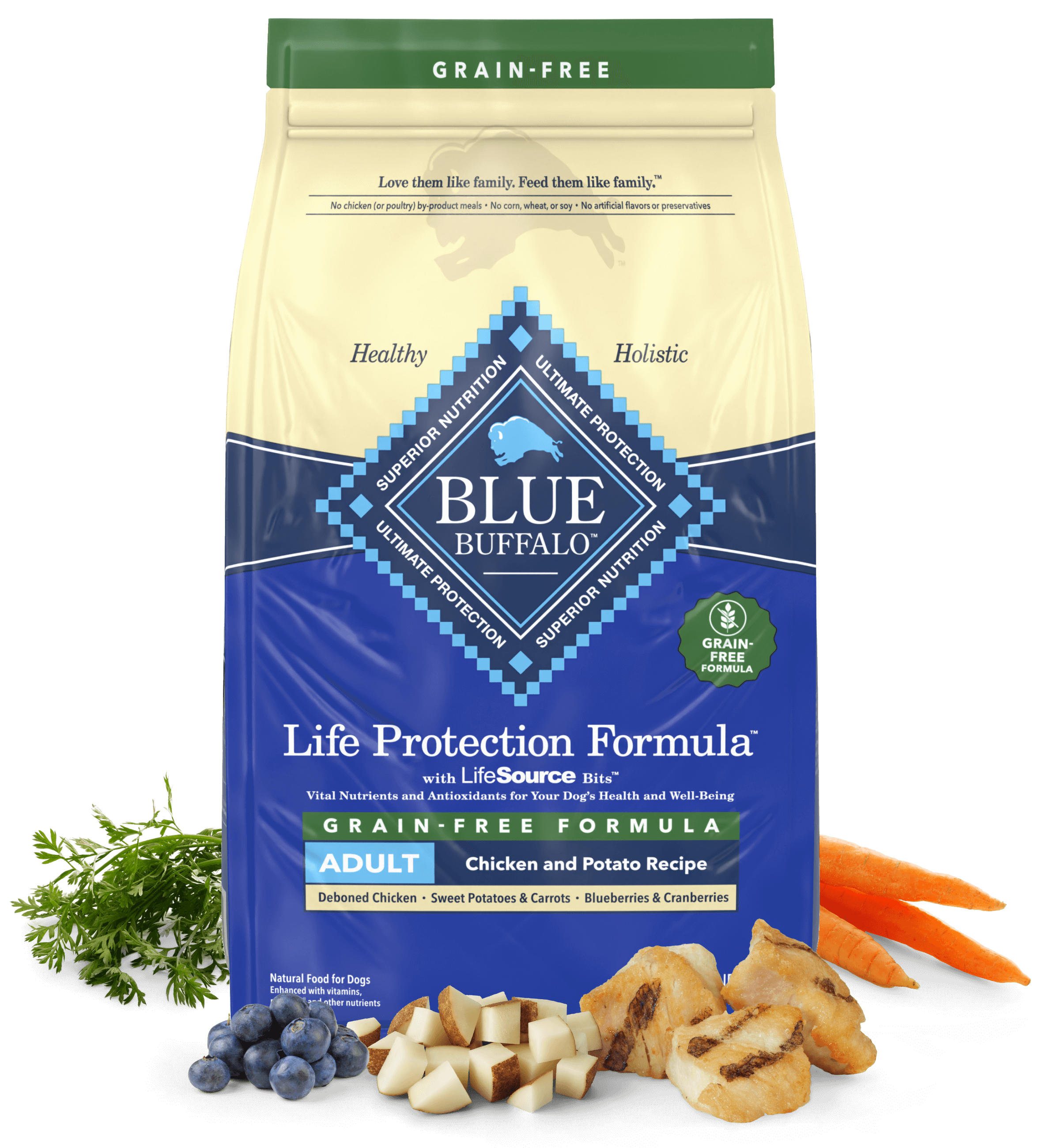 Grain-free adult chicken and potato dog food with carrots, blueberries, and potatoes in front.