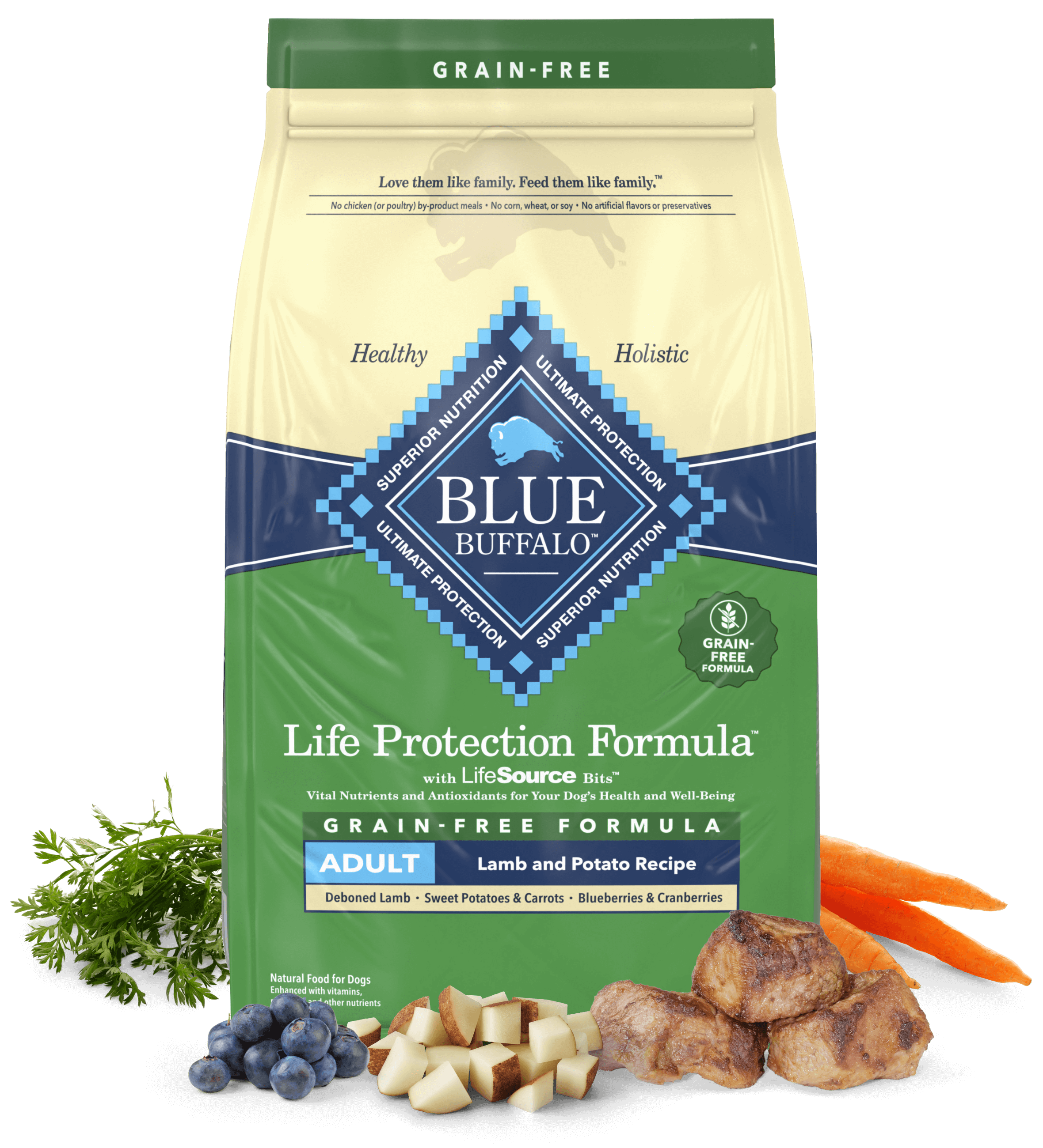 A bag of grain-free lamb and potato dog food with ingredients like lamb, carrots, and blueberries.