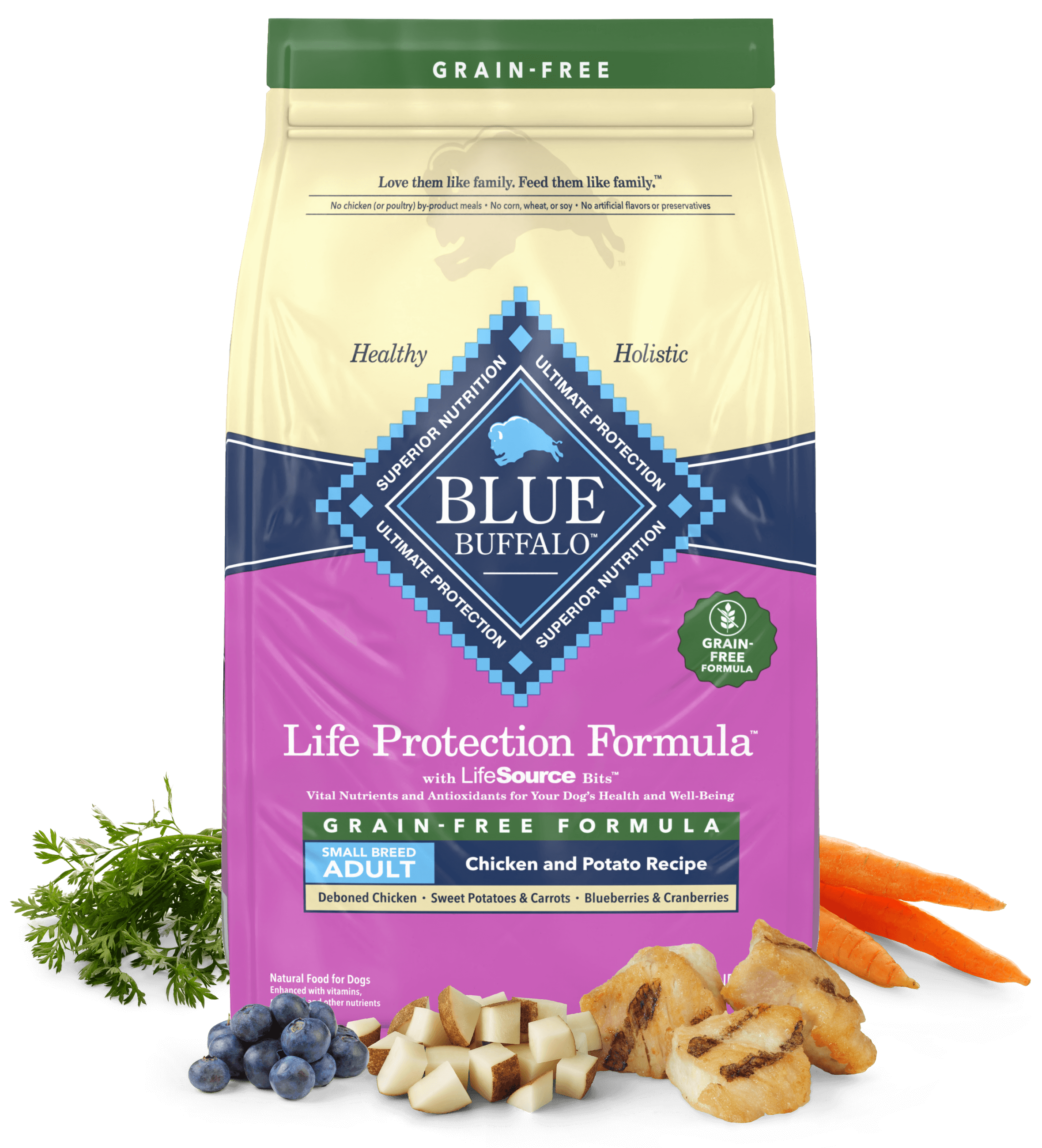 A grain-free Life Protection Formula Chicken and Potato dog food bag with fresh ingredients in front.