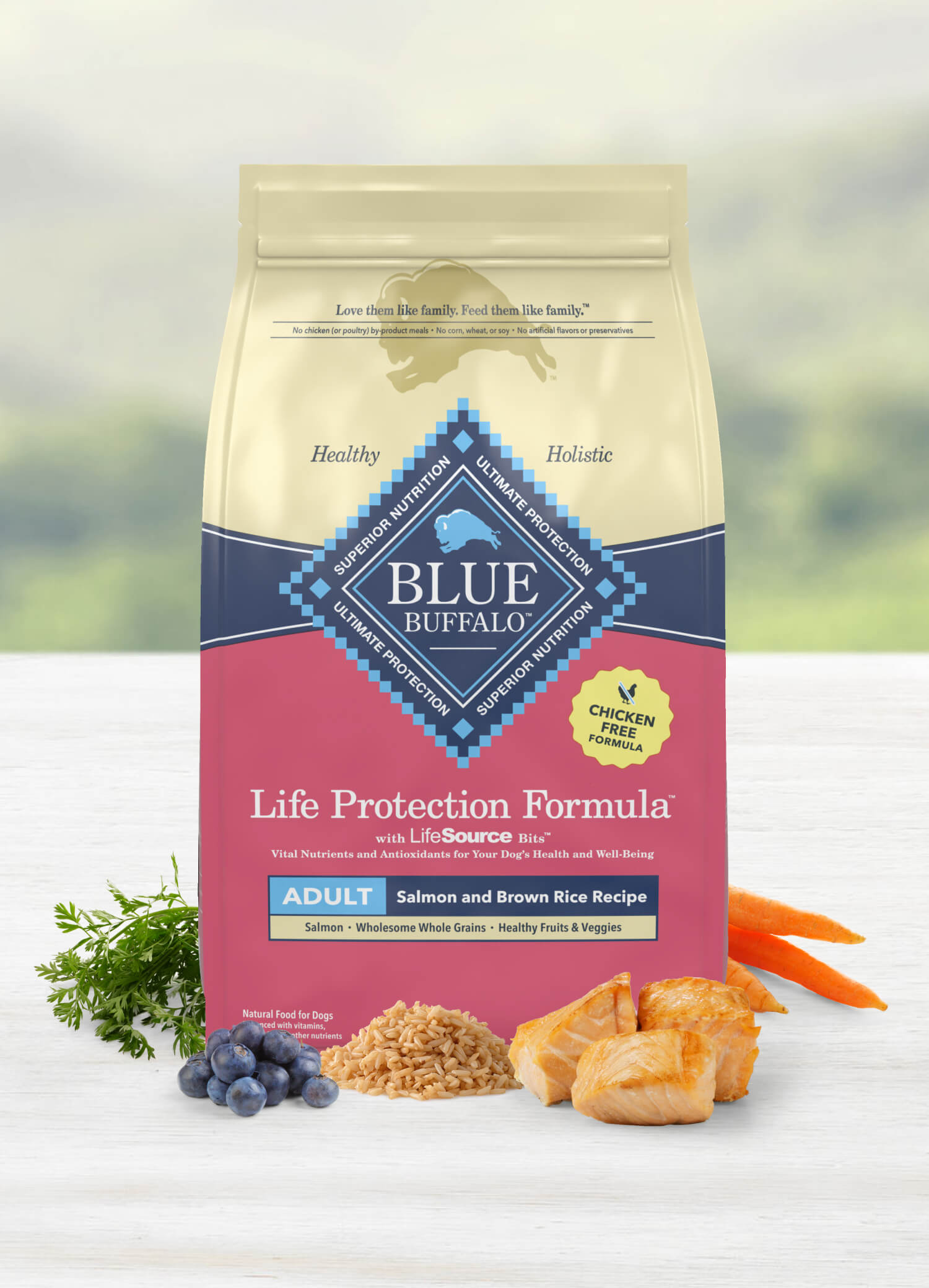 A bag of Life Protection Formula dry dog food is surrounded by fresh parsley, blueberries, grains, salmon fillets and carrots.