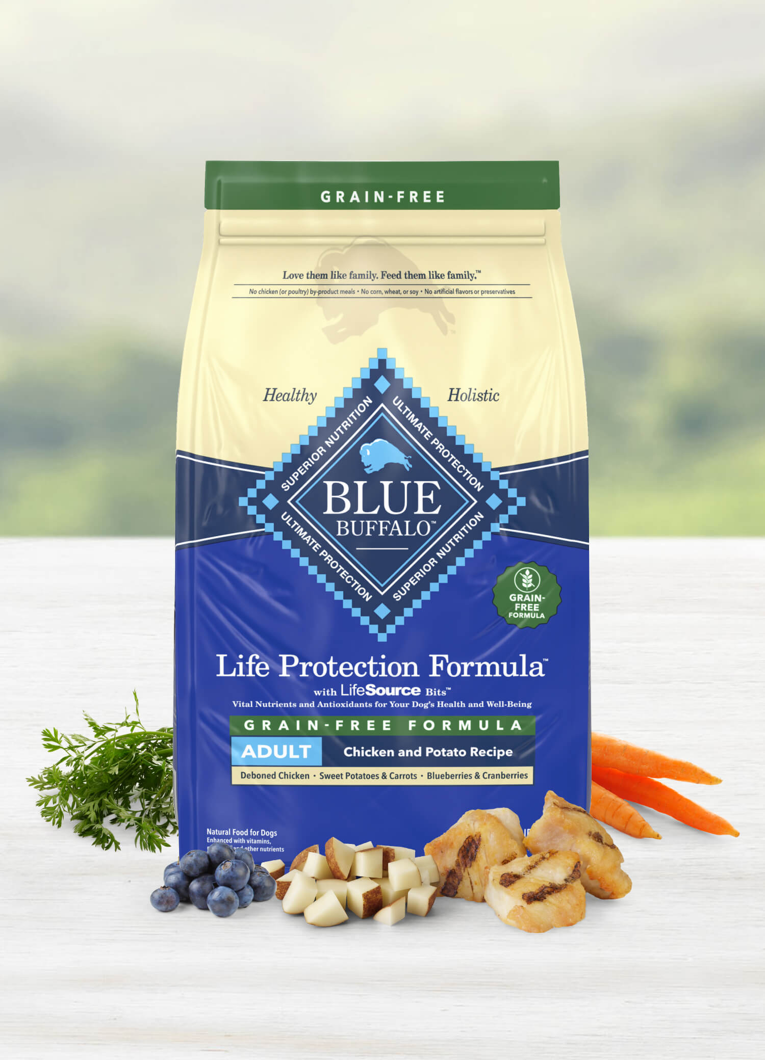 A bag of Life Protection Formula Grain-Free Adult Chicken and Potato dog food with wholesome ingredients.