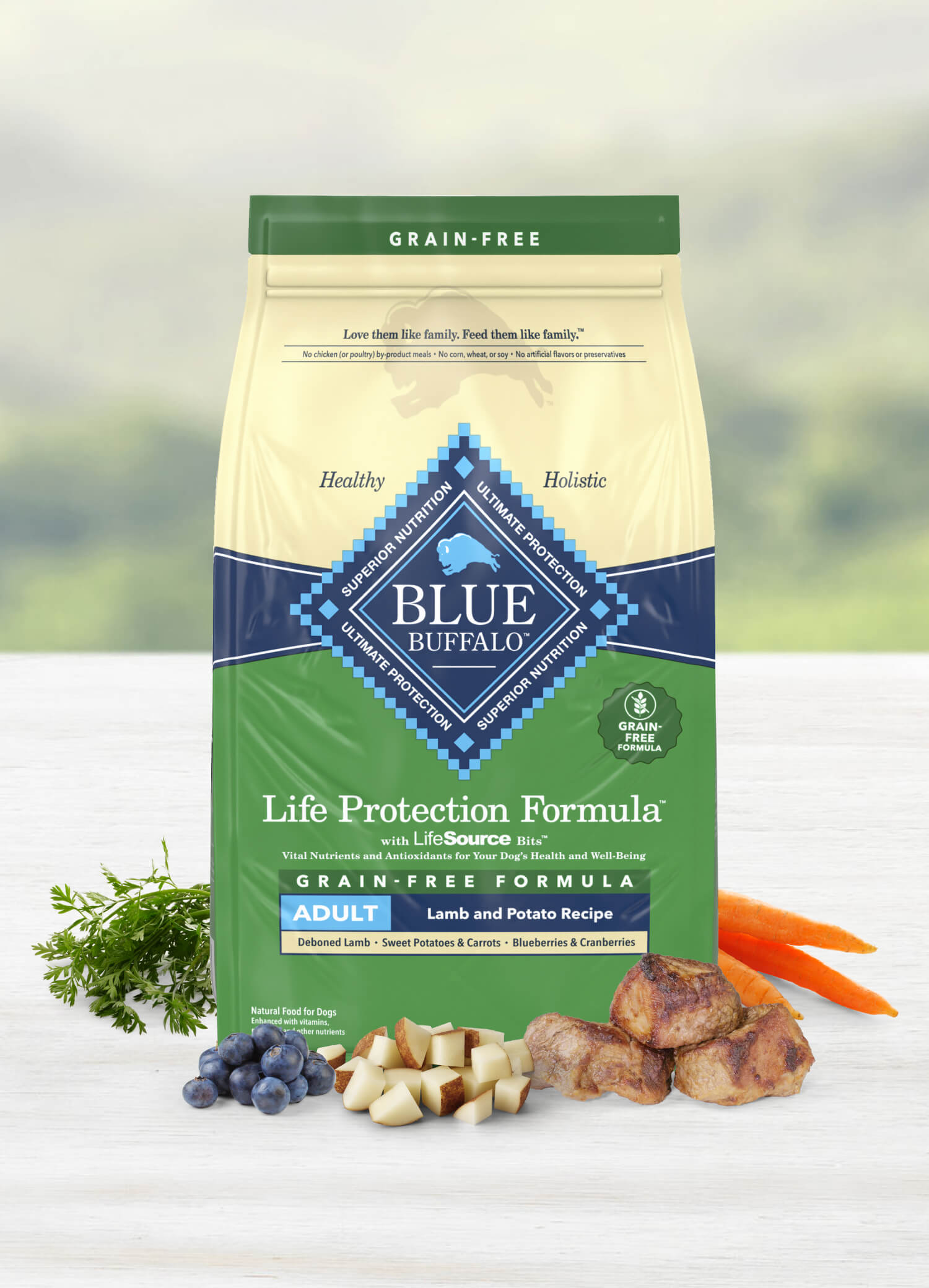 A bag of Life Protection Grain-Free Adult Lamb and Potato dog food with fresh ingredients in front.