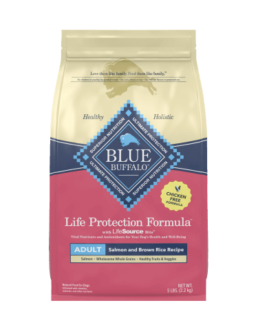 A bag of BLUE Life Protection Formula dry dog food salmon and brown rice recipe.