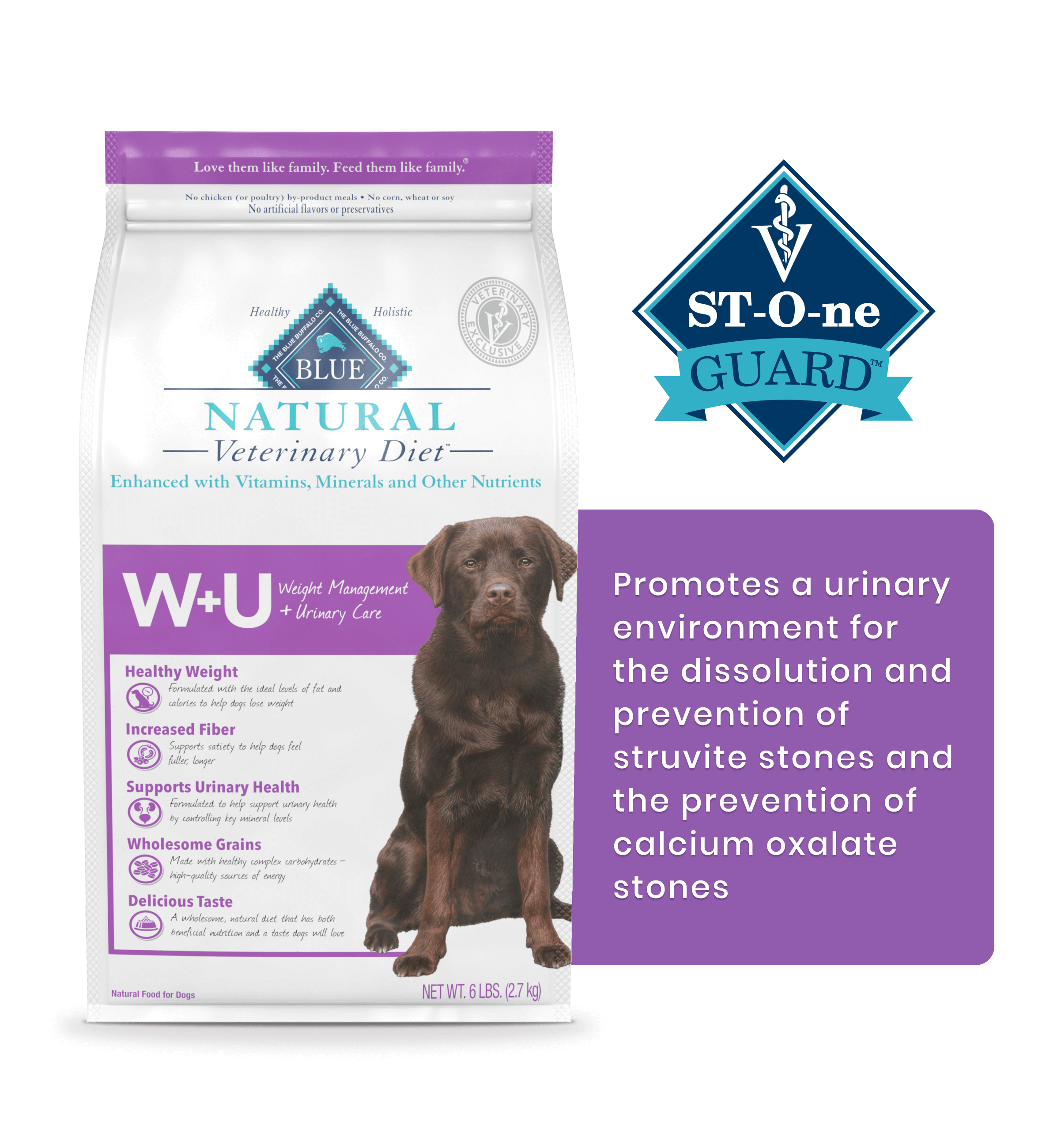 W+U Weight Management + Urinary Care St-O-ne Guard Promotes a urinary environment for the dissolution and prevention of struvite stones and the prevention of calcium oxalate stones