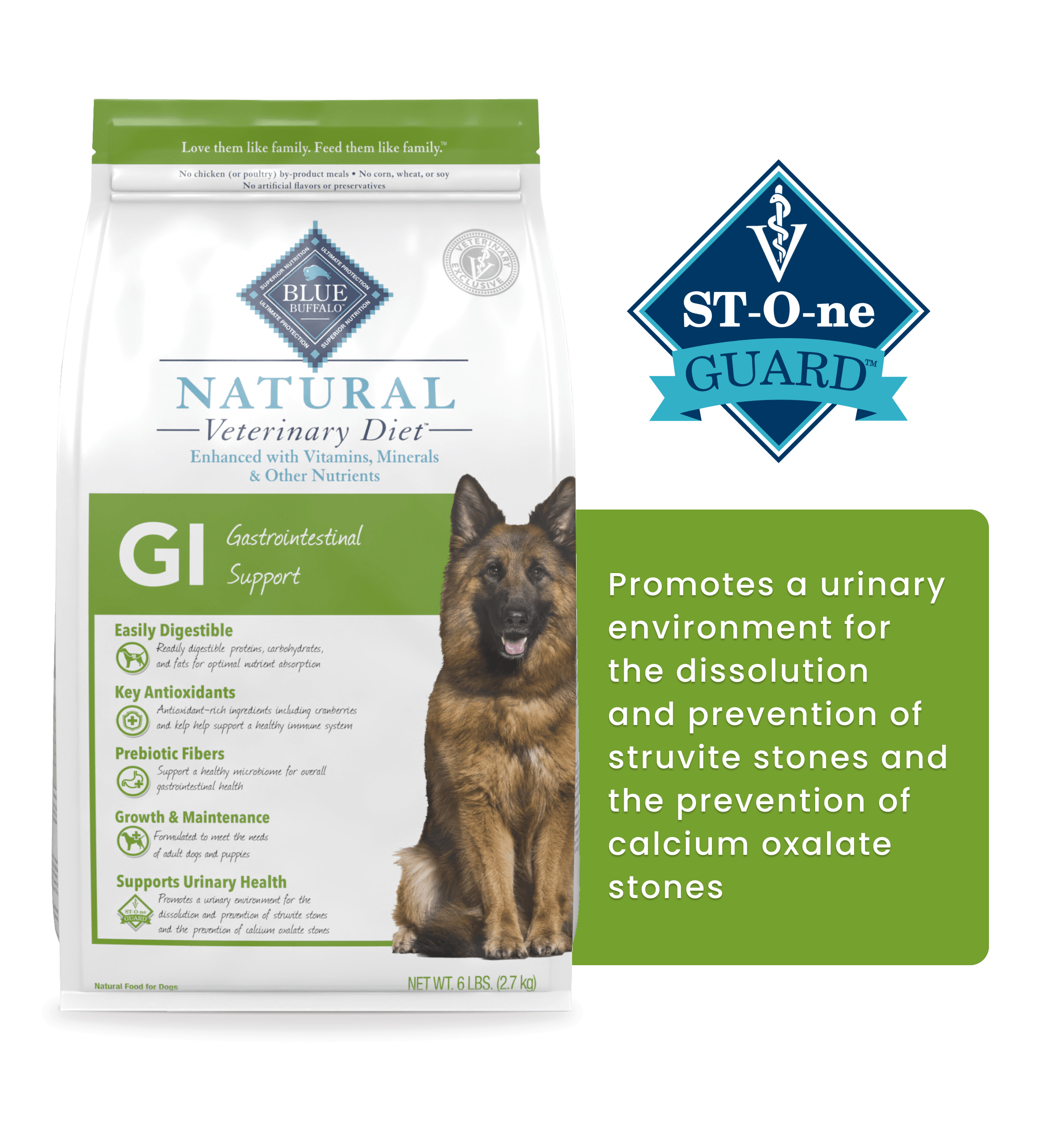 A bag of Natural Veterinary Diet GI dog food featuring a German Shepherd and key product benefits.