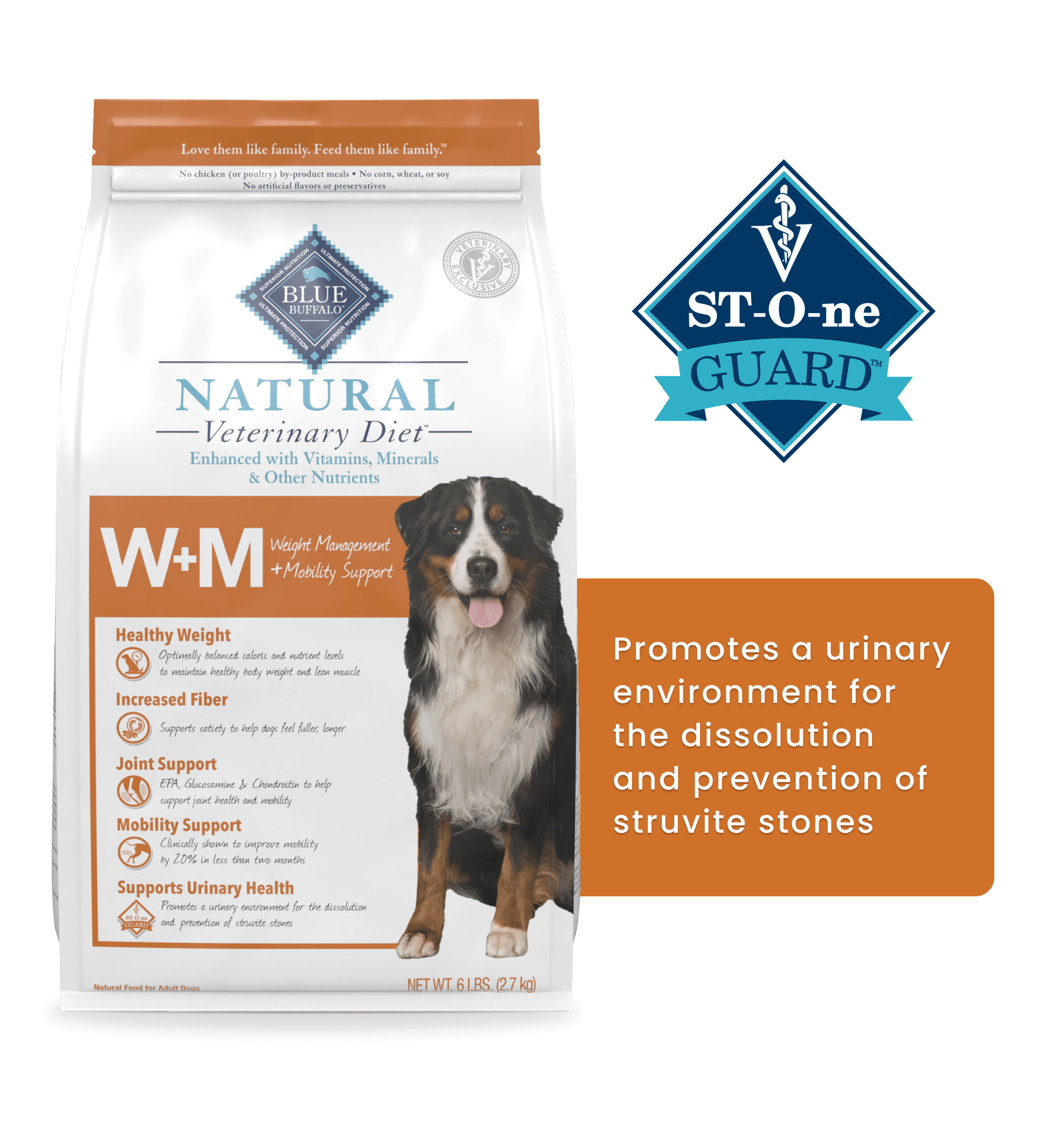 Natural Veterinary Diet W+M dog food supports urinary health and helps prevent struvite stones.