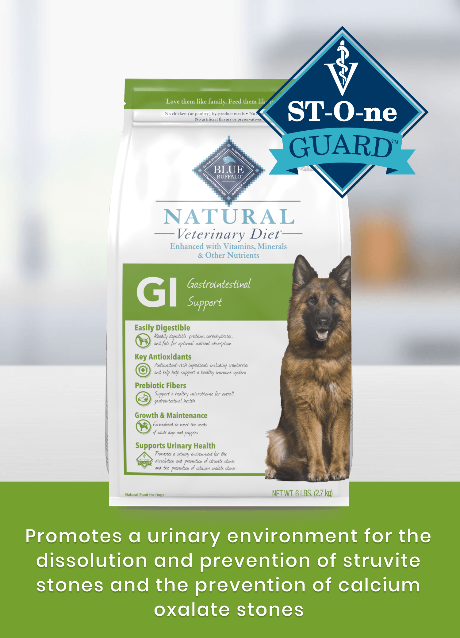 A bag of Natural Veterinary Diet GI dog food sits on a table, with an ST-One Guard badge above it.