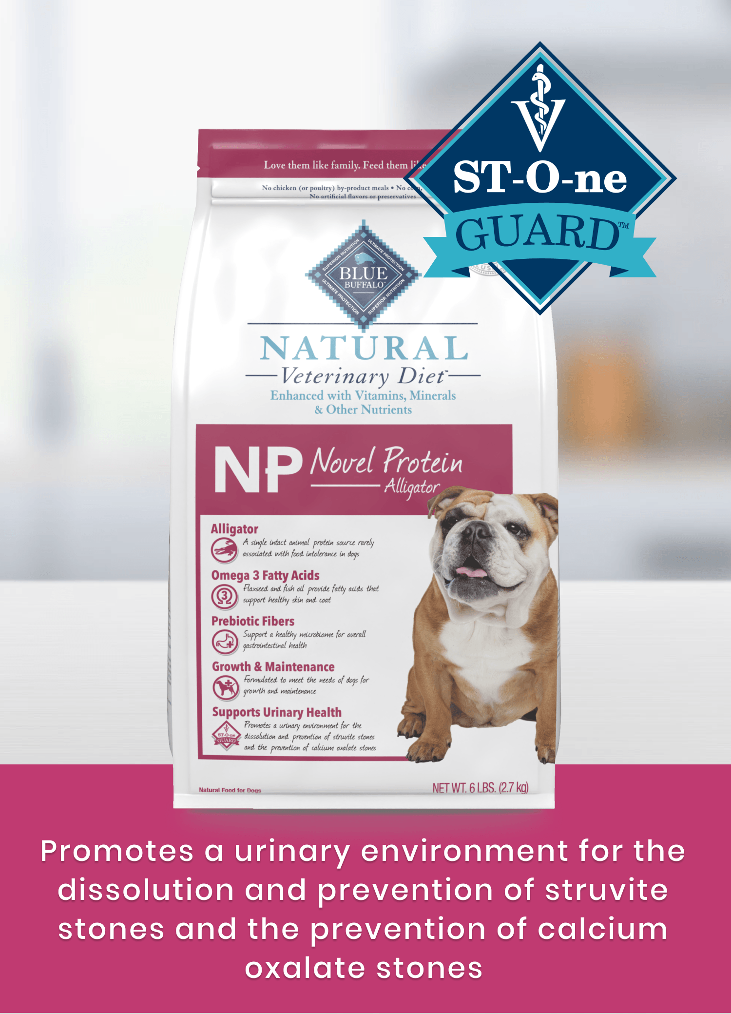 Bag of Natural Veterinary Diet NP Novel Protein Alligator dog food on a table, with product benefits listed.