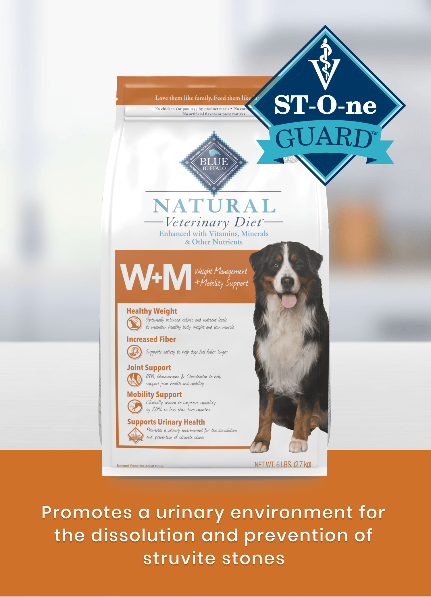 Bag of Natural Veterinary Diet dog food with ST-One Guard for effective urinary stone management.