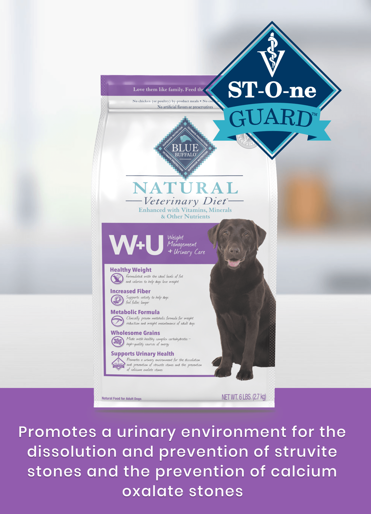 Bag of Natural Veterinary Diet W+U dog food on a counter, promotes urinary health for dogs.