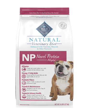 Bag of Natural Veterinary Diet NP Novel Protein Alligator dog food featuring a bulldog on the front.