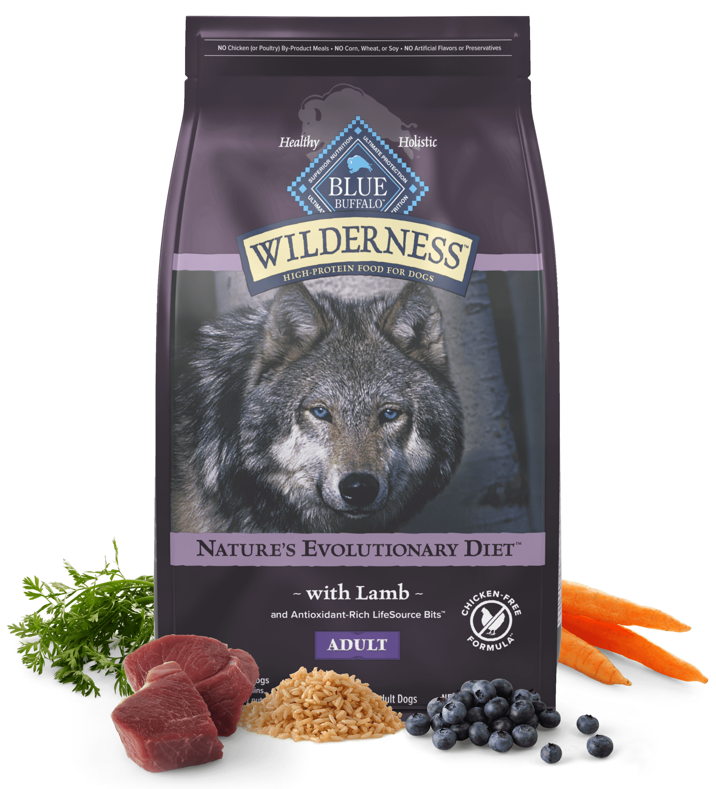 Bag of Wilderness dog food with lamb, rice, blueberries, carrots, and parsley.