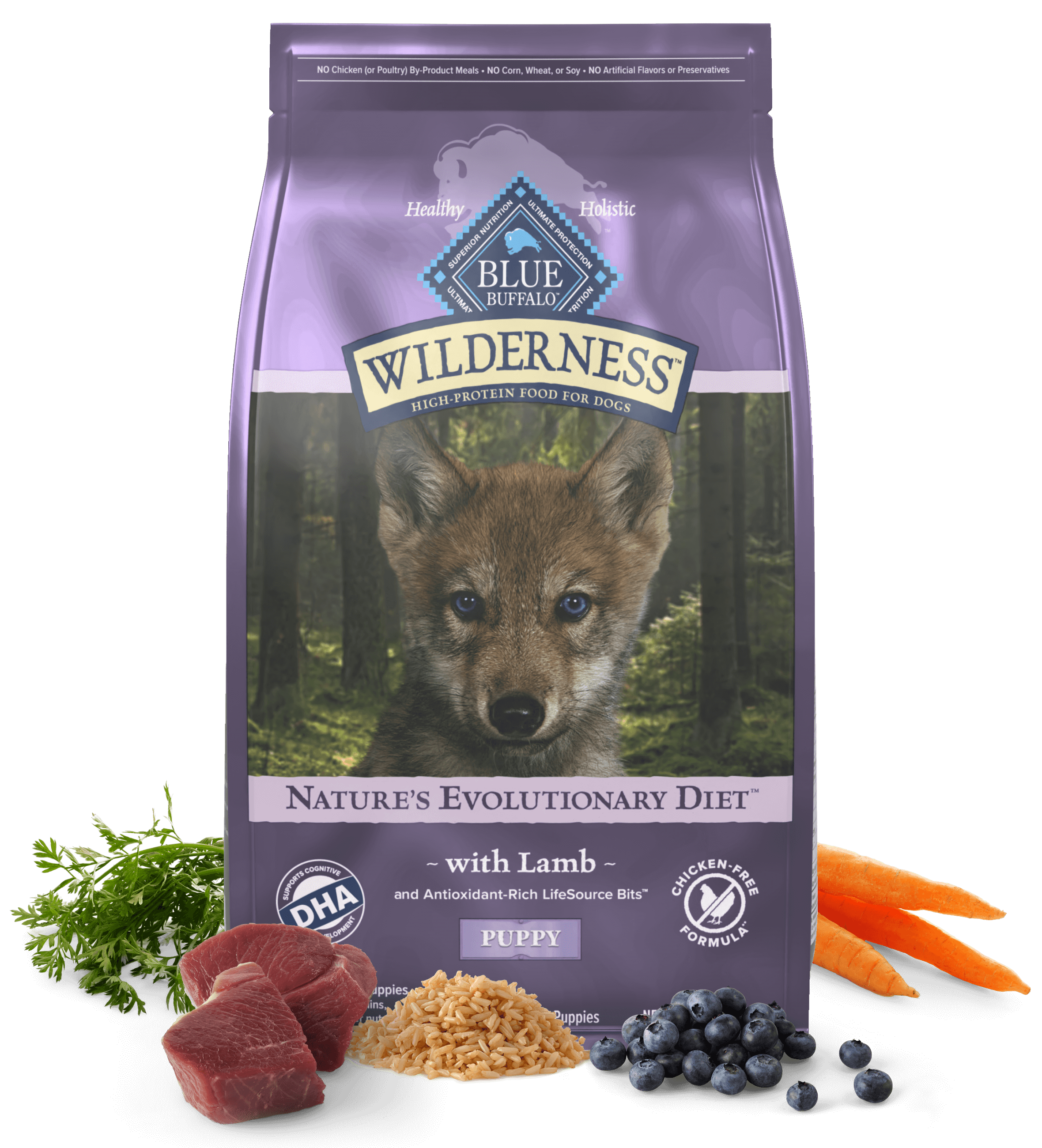 Wilderness puppy food with lamb, surrounded by lamb, carrots, blueberries, and rice.