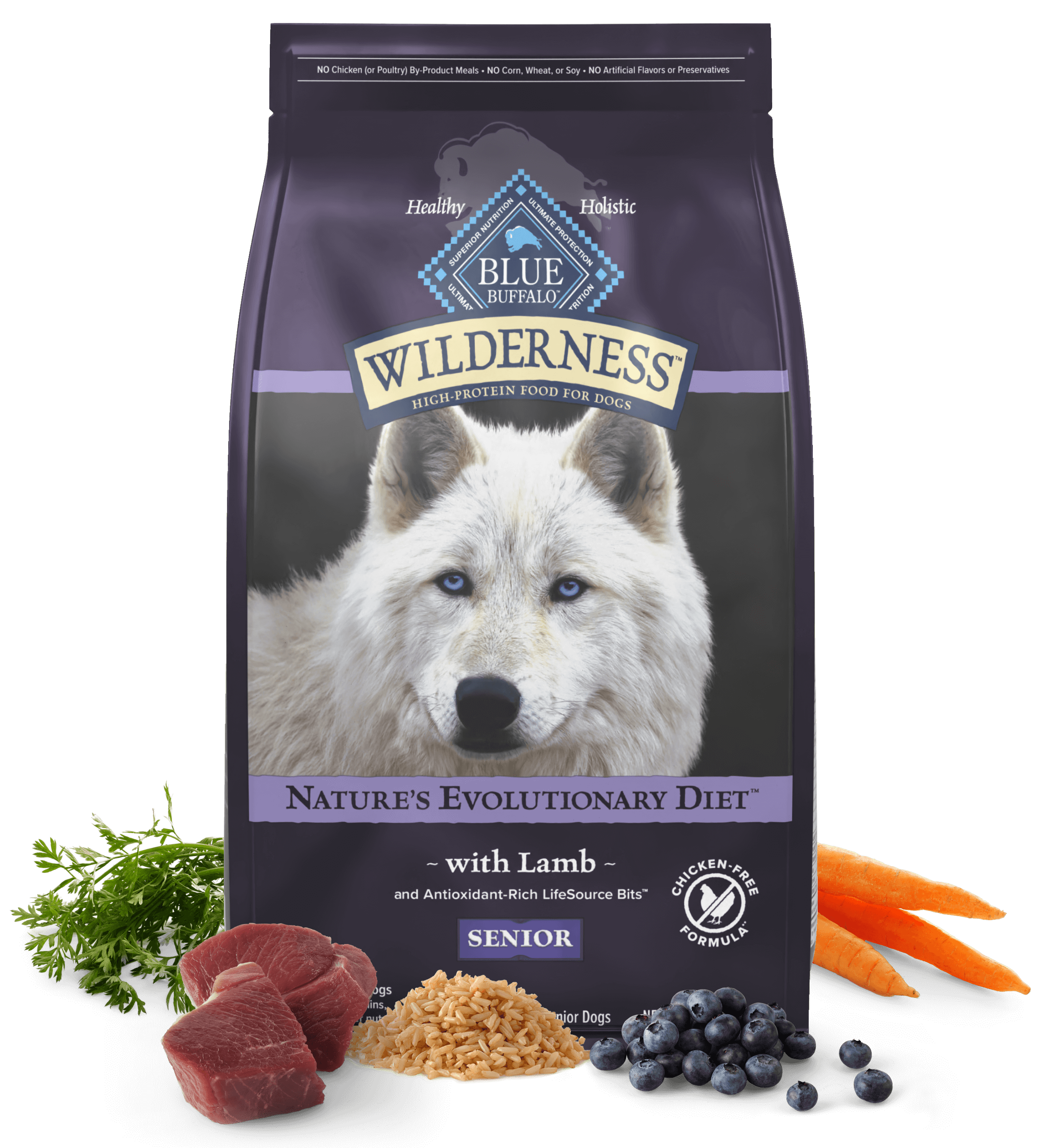 A bag of Wilderness Senior dog food with lamb, surrounded by lamb, carrots, blueberries, and grains.