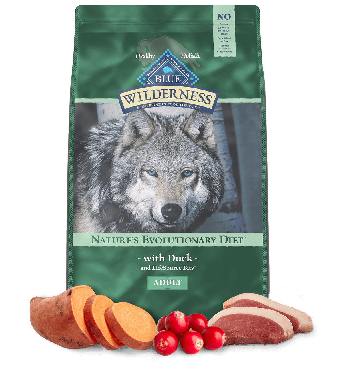 Bag of Blue Wilderness dog food with duck, beside sweet potato, duck slices, and cranberries.