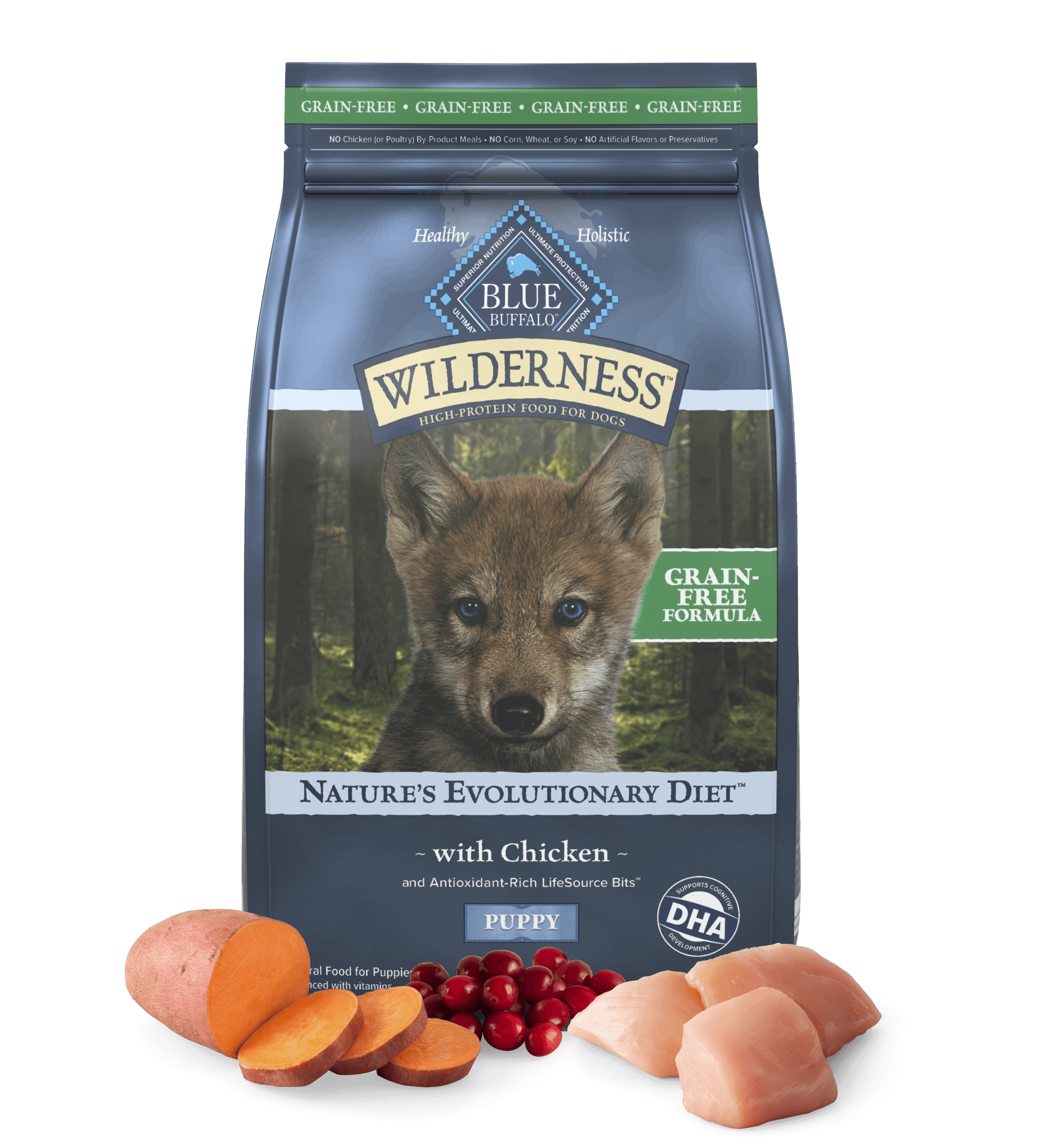 A bag of Wilderness Nature’s Evolutionary Diet with Chicken and LifeSource Bits Puppy – Grain-Free dog dry food