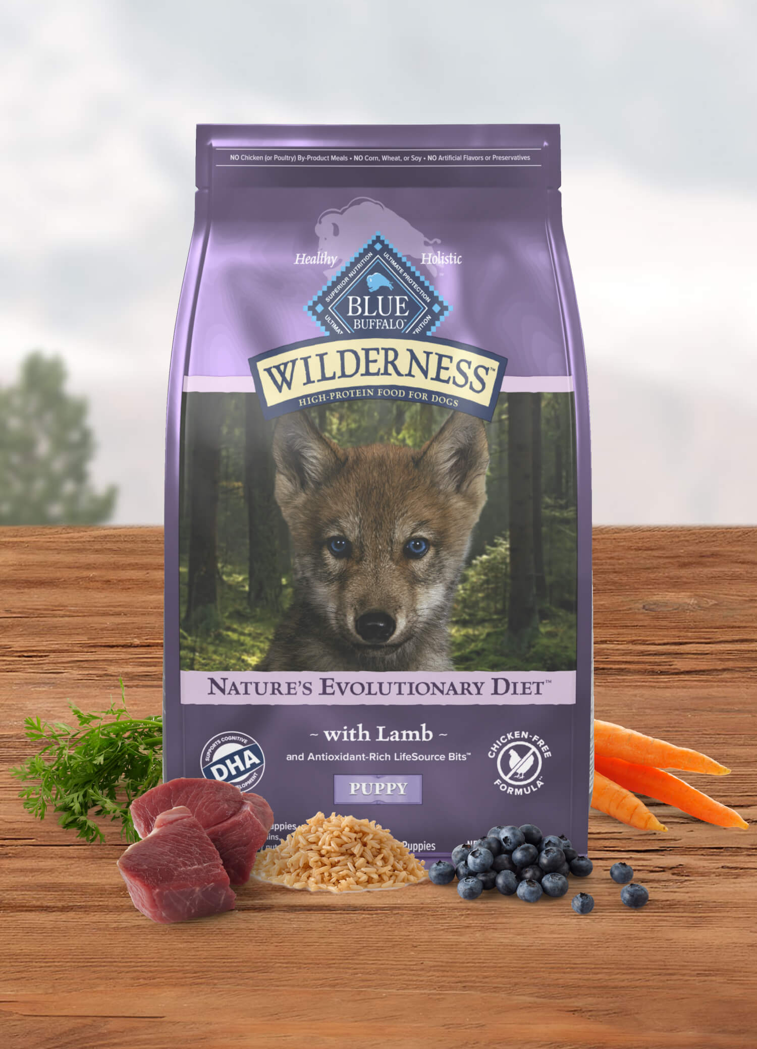 A bag of Wilderness puppy food with lamb, surrounded by fresh lamb pieces, blueberries, carrots, and parsley.