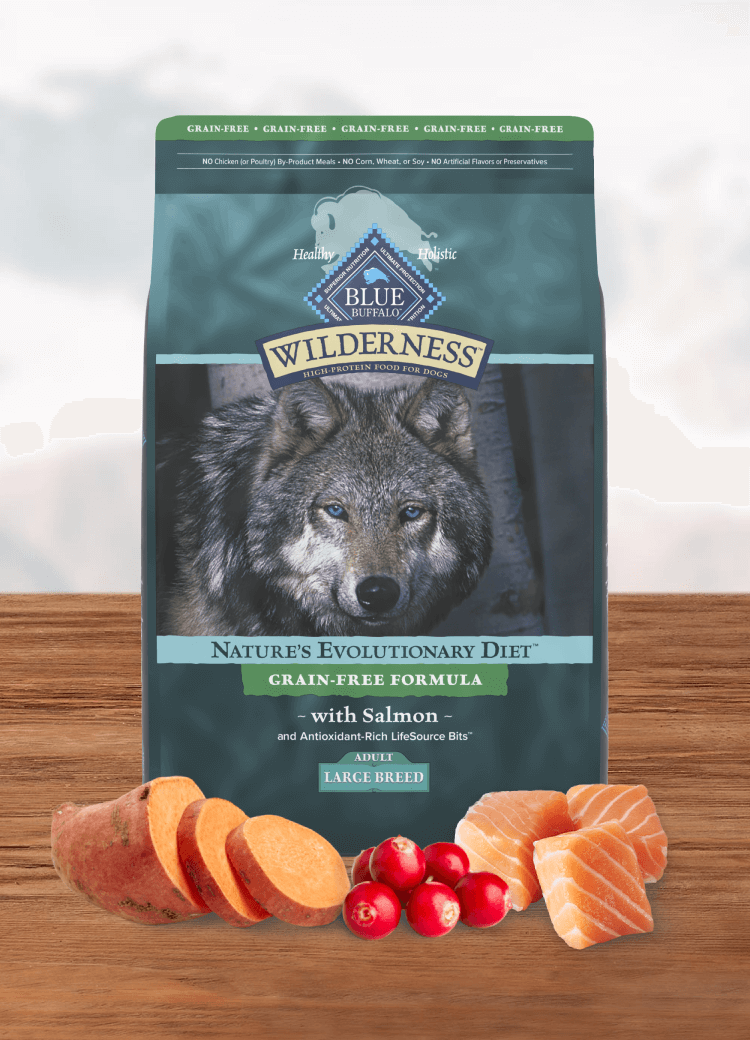 Blue Wilderness dog food packaging with a wolf, salmon, sweet potato, and cranberries in front.