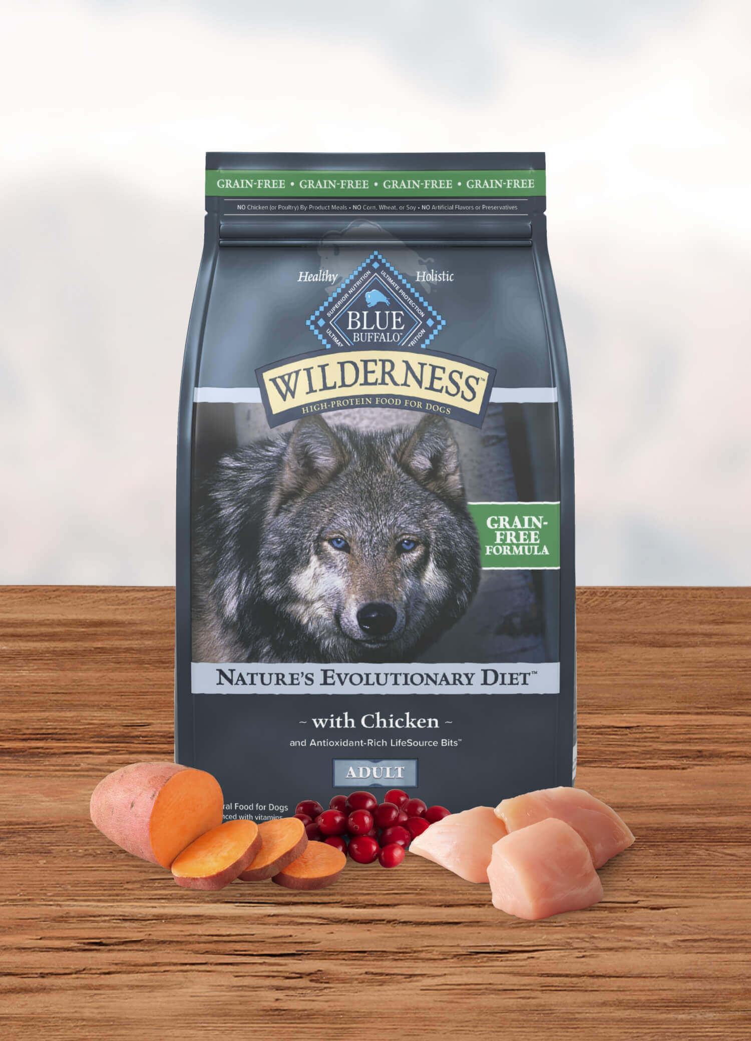A bag of Wilderness Nature’s Evolutionary Diet with Chicken and LifeSource Bits Adult Dog – Grain-Free dog dry food