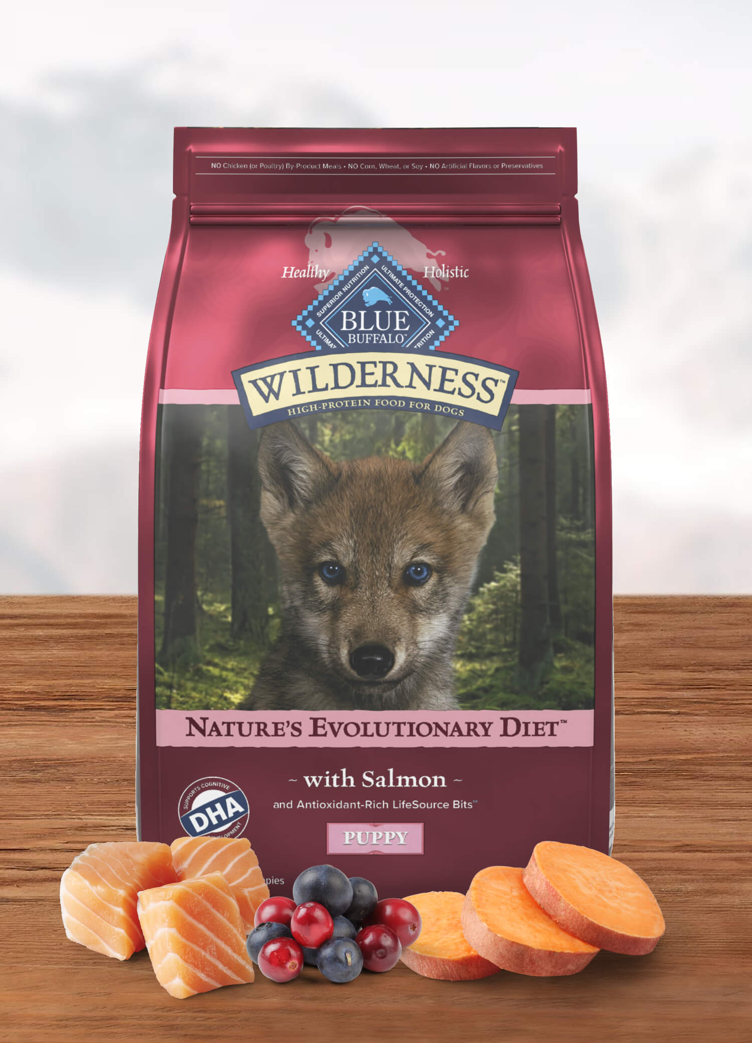 A bag of Wilderness salmon puppy food is behind salmon filets, a mound of cranberries and blueberries, and slices of sweet potato.