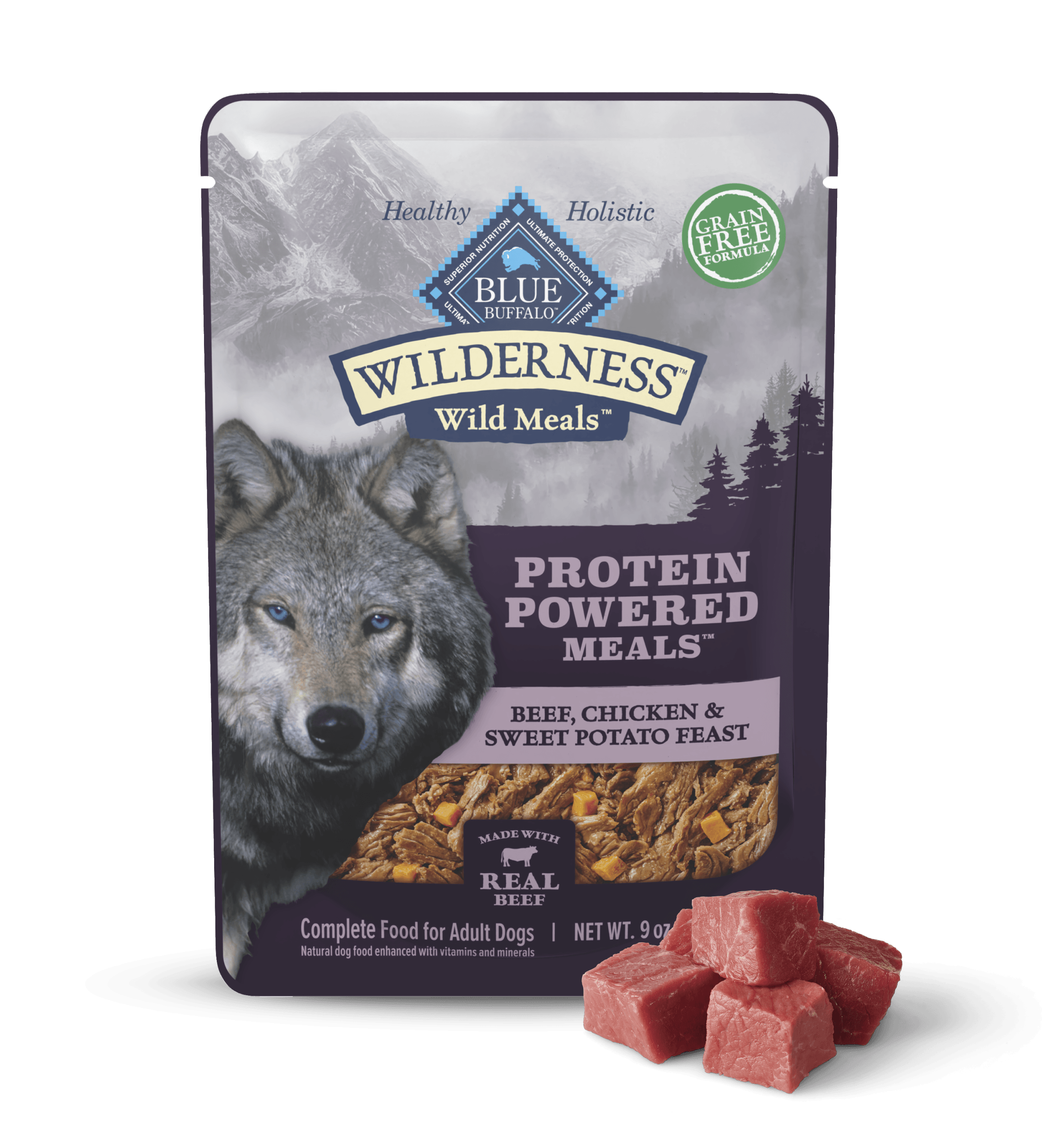 A pouch of BLUE Wilderness Wild Meals and a few cuts of raw beef.
